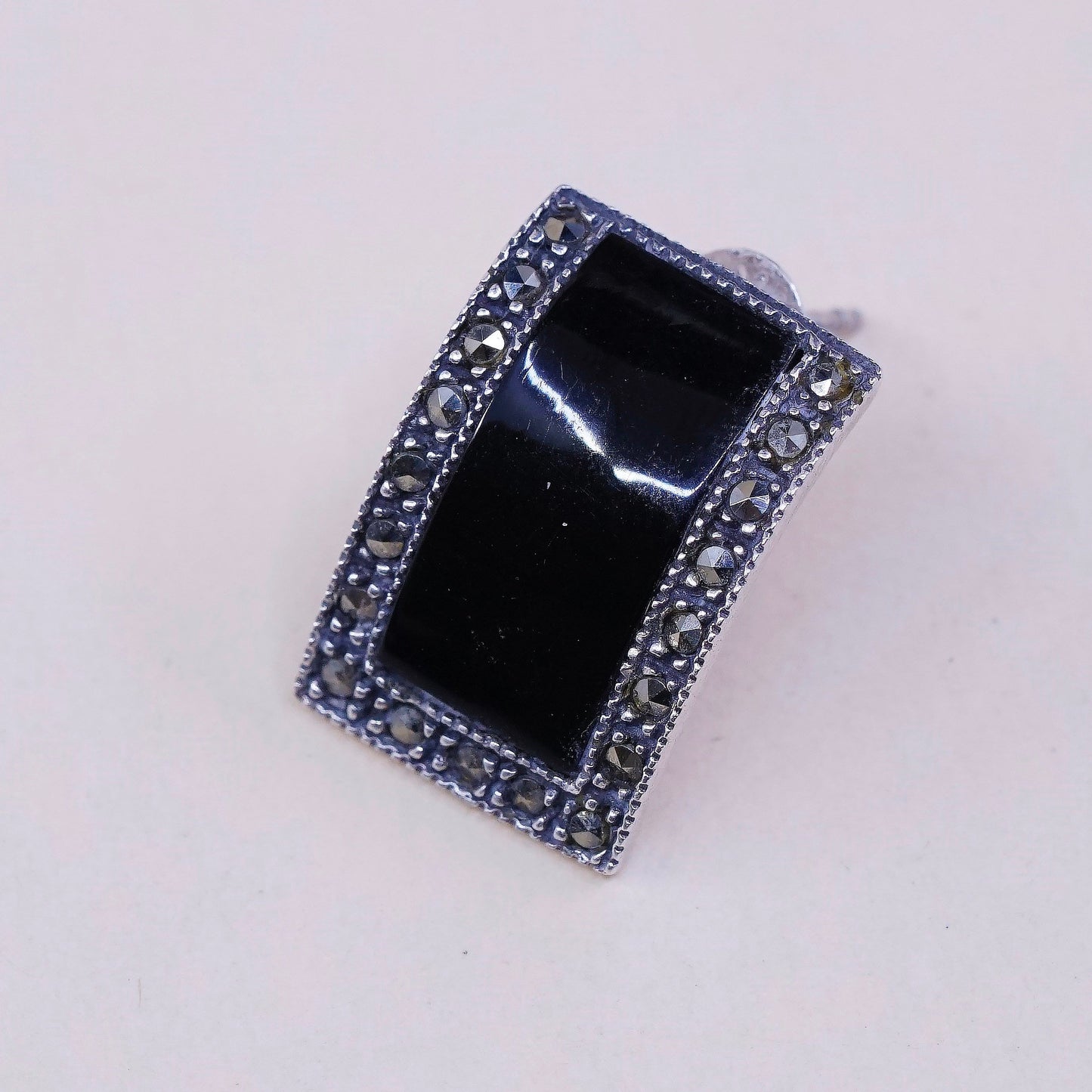 VTG Sterling silver handmade earrings, 925 stud w/ obsidian n marcasite