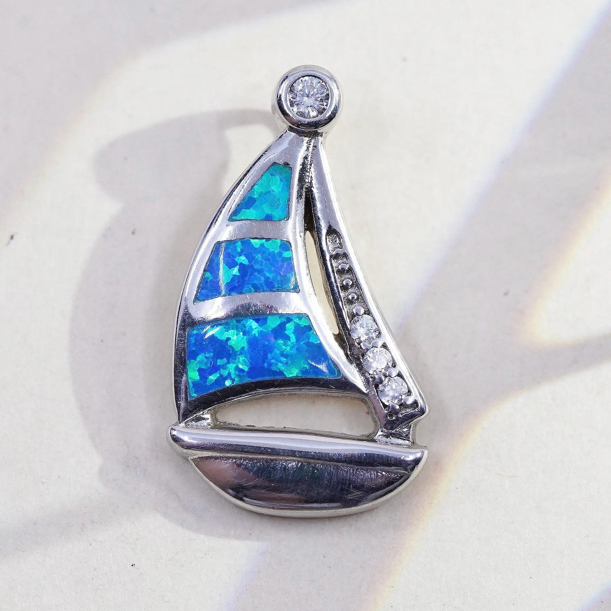 Vintage sterling silver handmade pendant, 925 silver sailing boat opal inlay cz