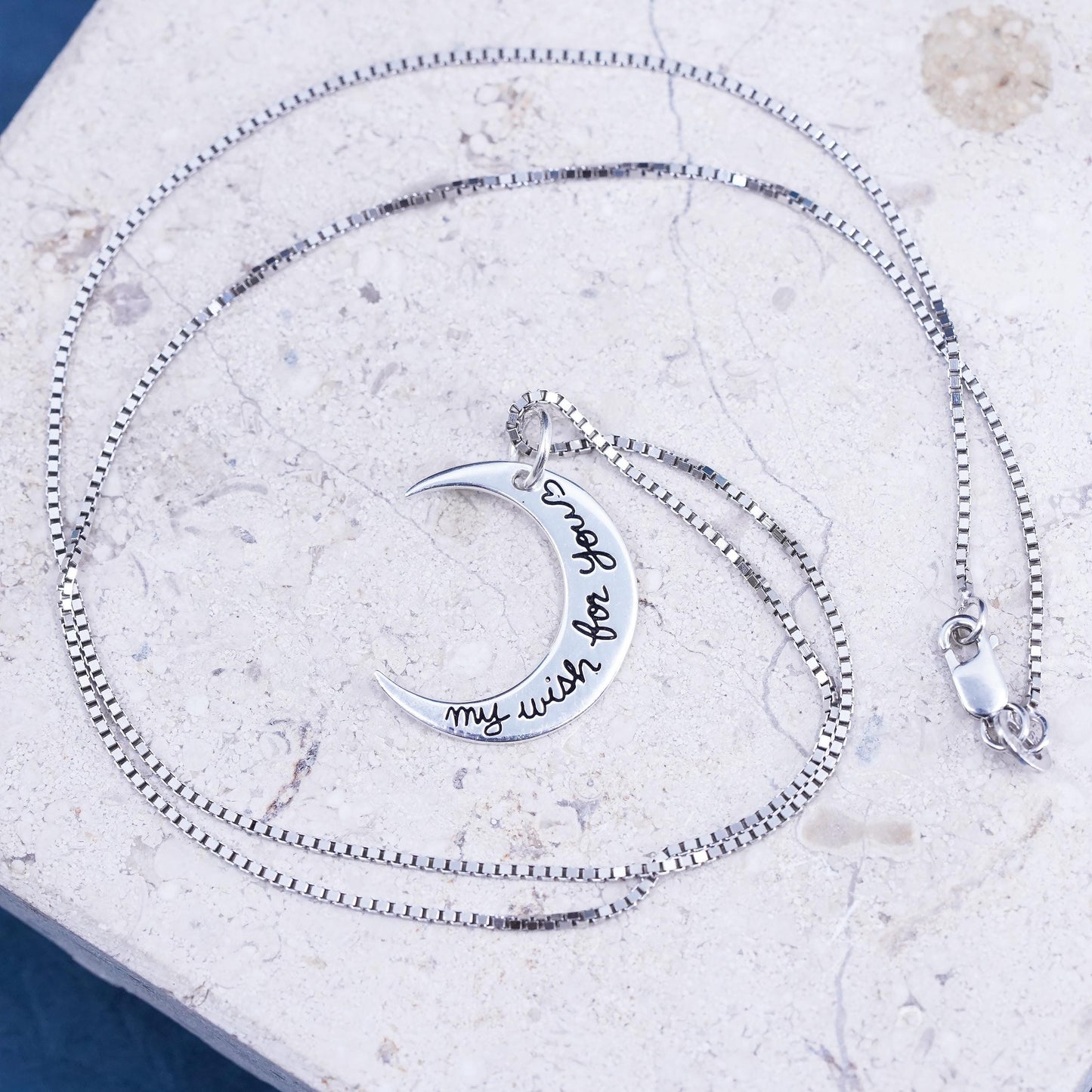 18" Sterling silver necklace, 925 box chain moon pendant “my wish for you”