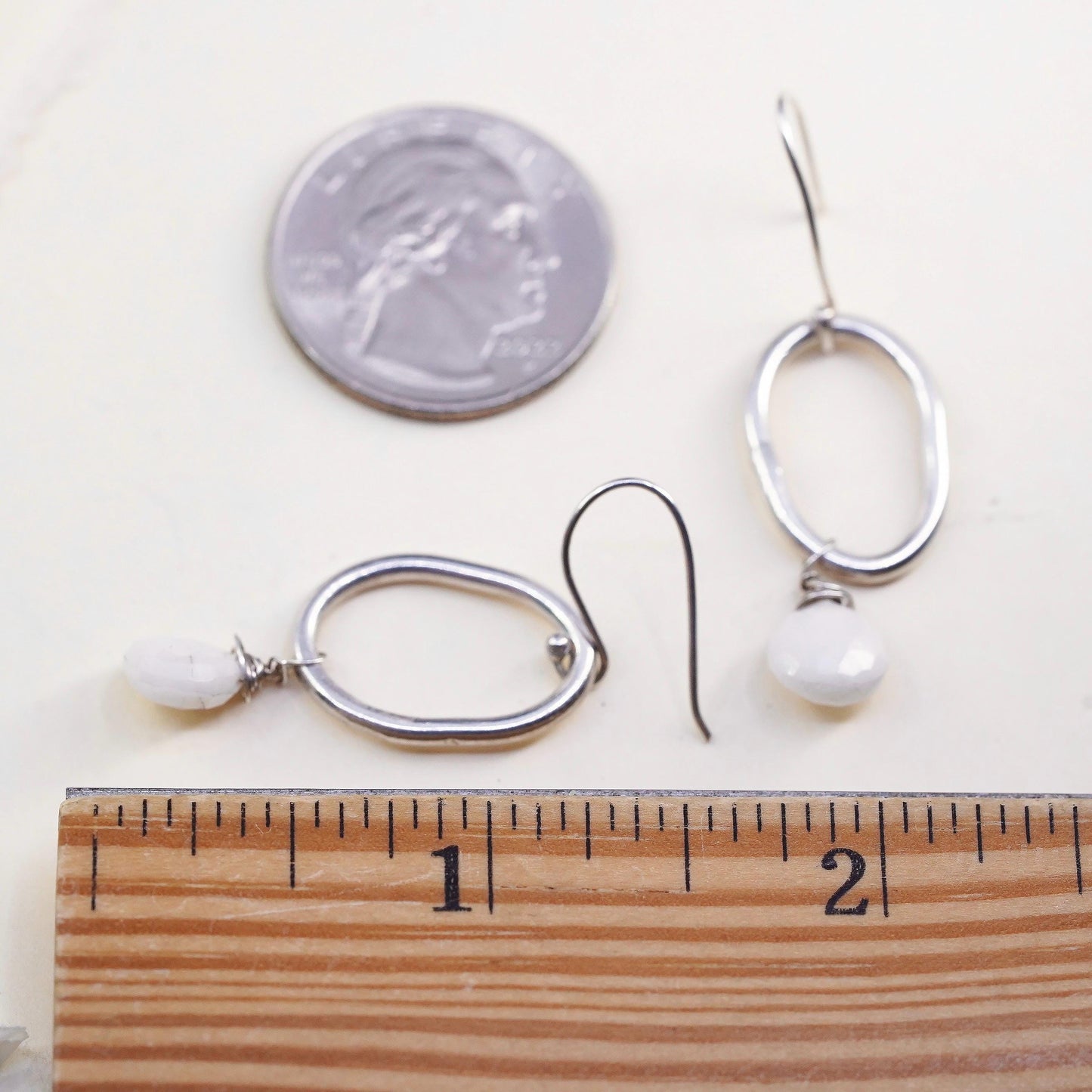 Vintage Sterling silver handmade earrings, 925 oval loop howlite teardrops
