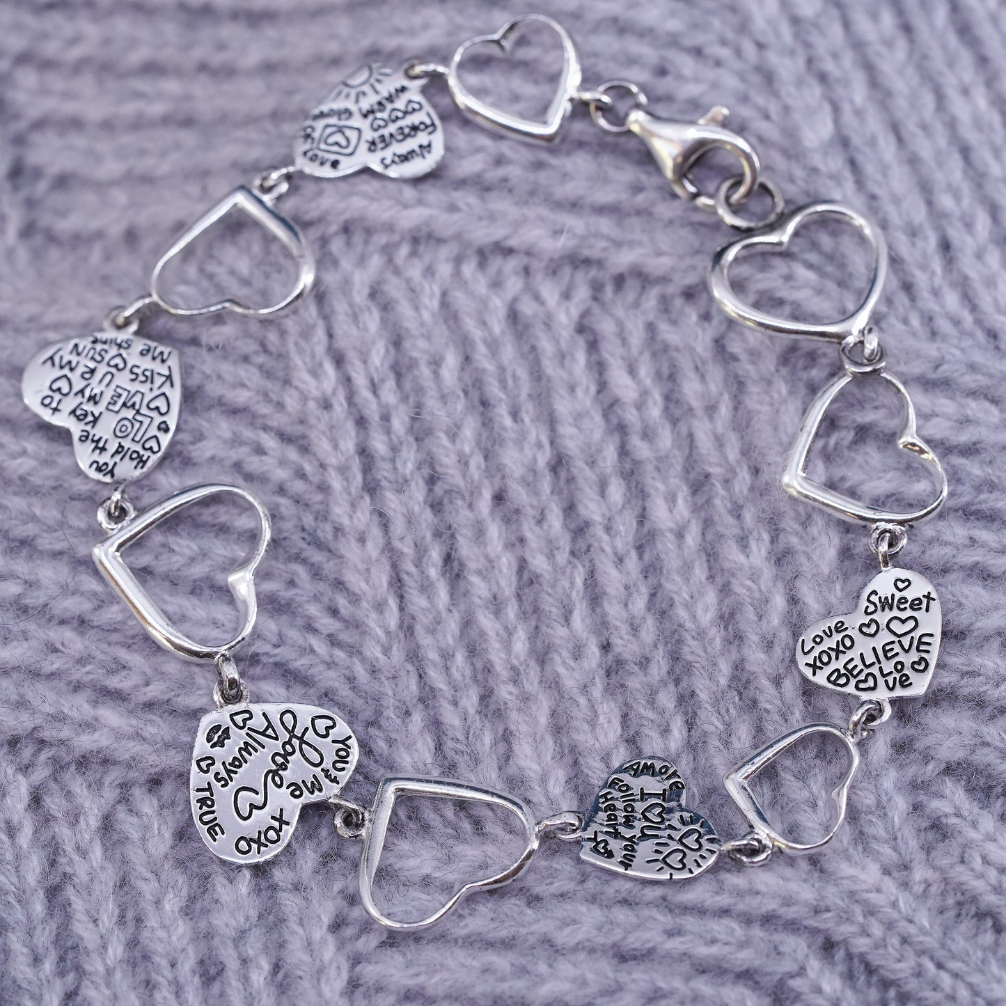 8”, vintage Sterling 925 Silver heart link bracelet embossed “I love you”