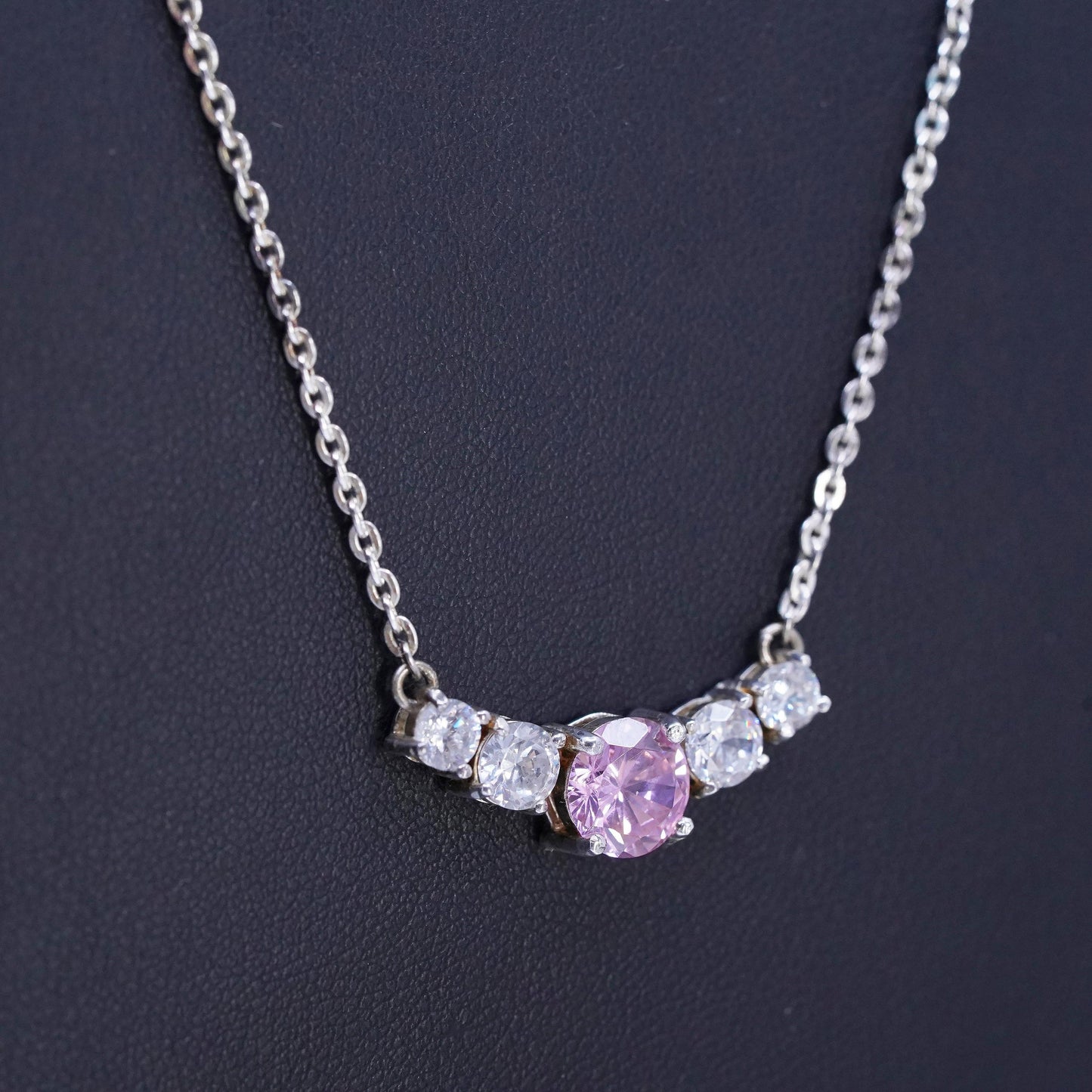 18+3", Vintage sterling 925 silver necklace, rope chain w/ pink crystal pendant