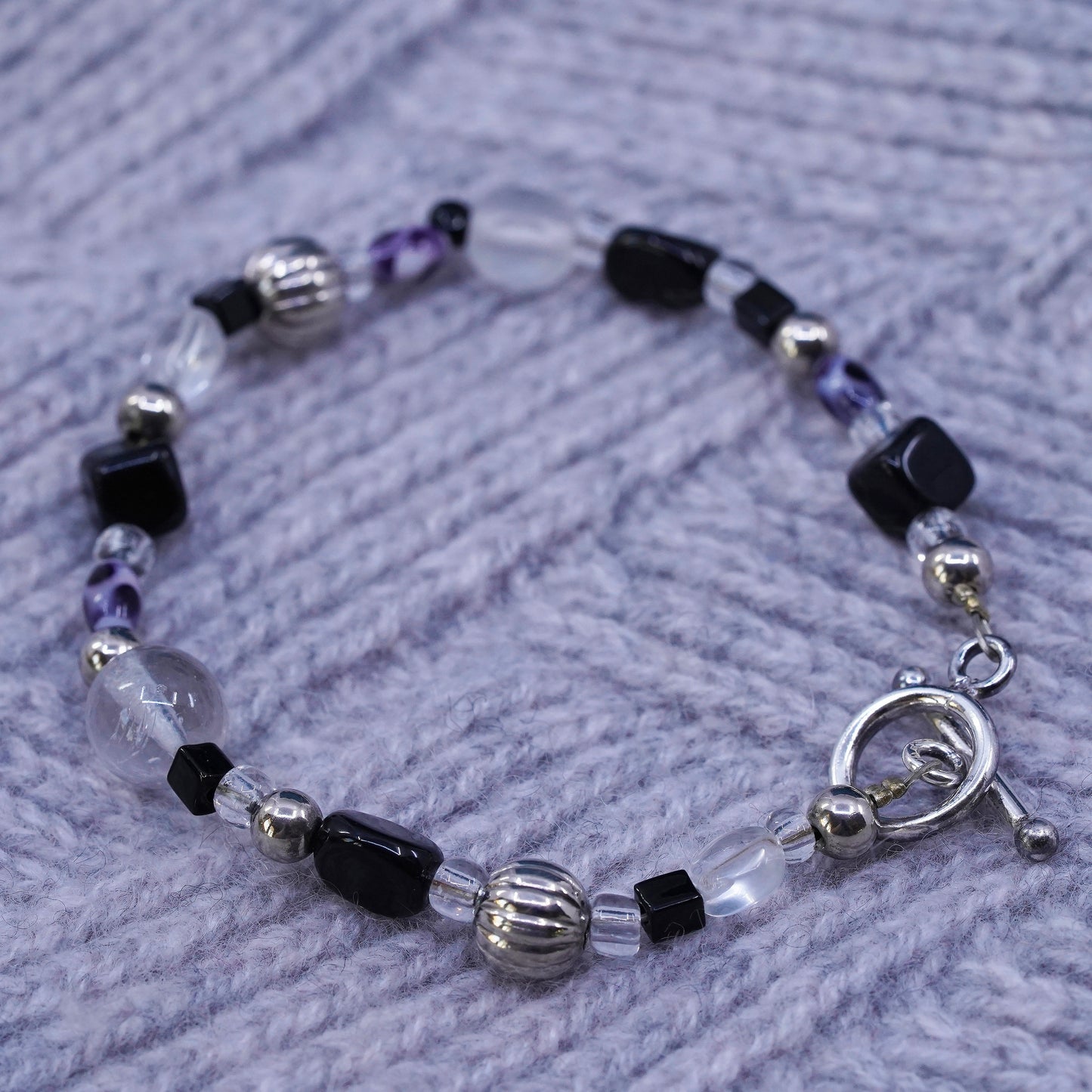 7”, VTG sterling 925 silver handmade Bali bracelet with obsidian crystal beads