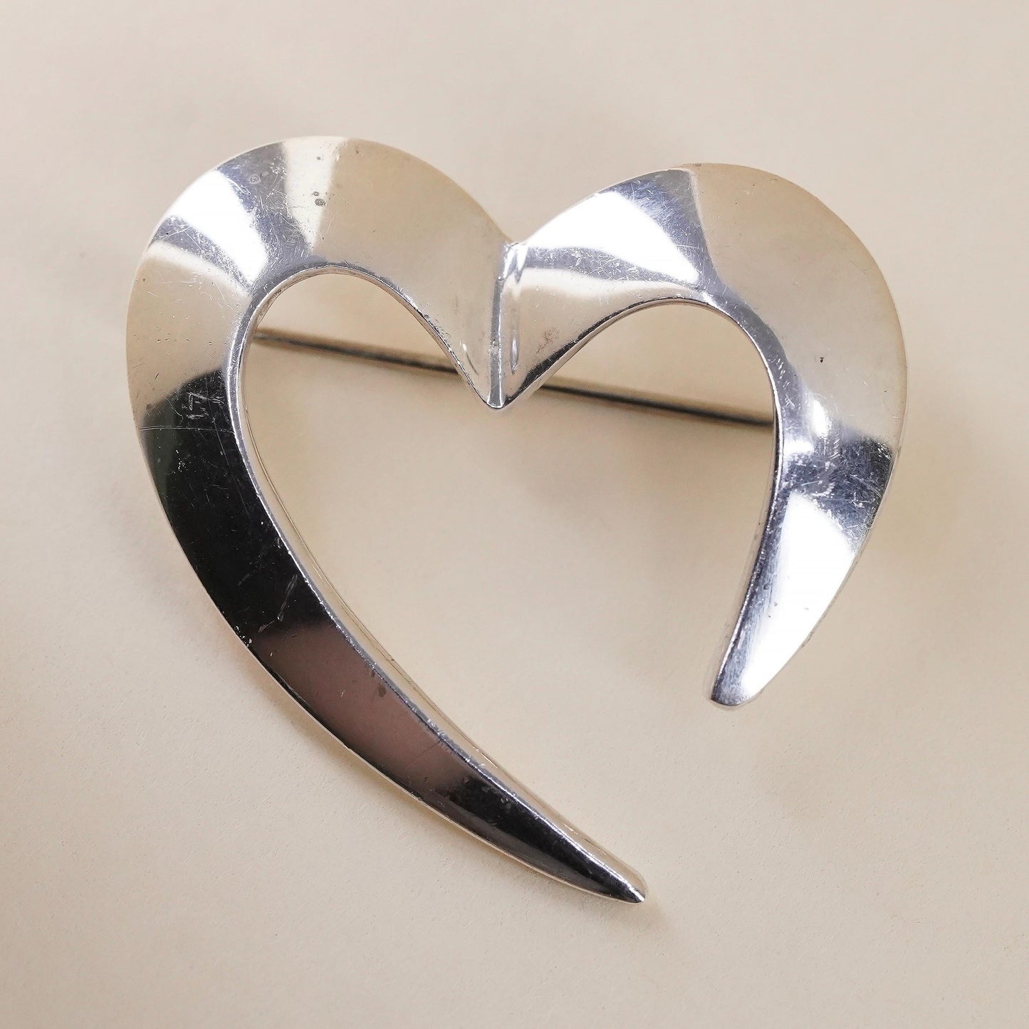 Vintage sterling silver handmade brooch, 925 open heart