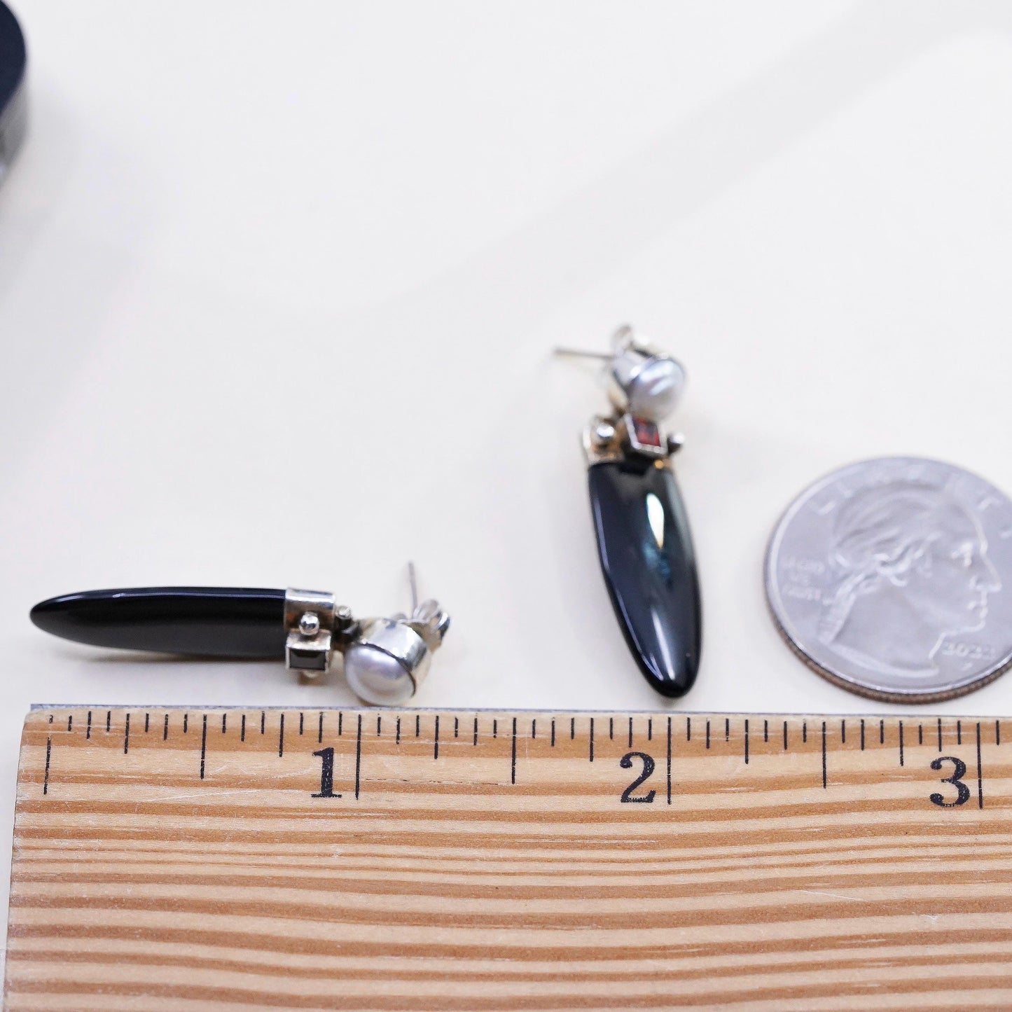 Vintage SIS handmade Sterling 925 silver earrings with onyx garnet and pearl