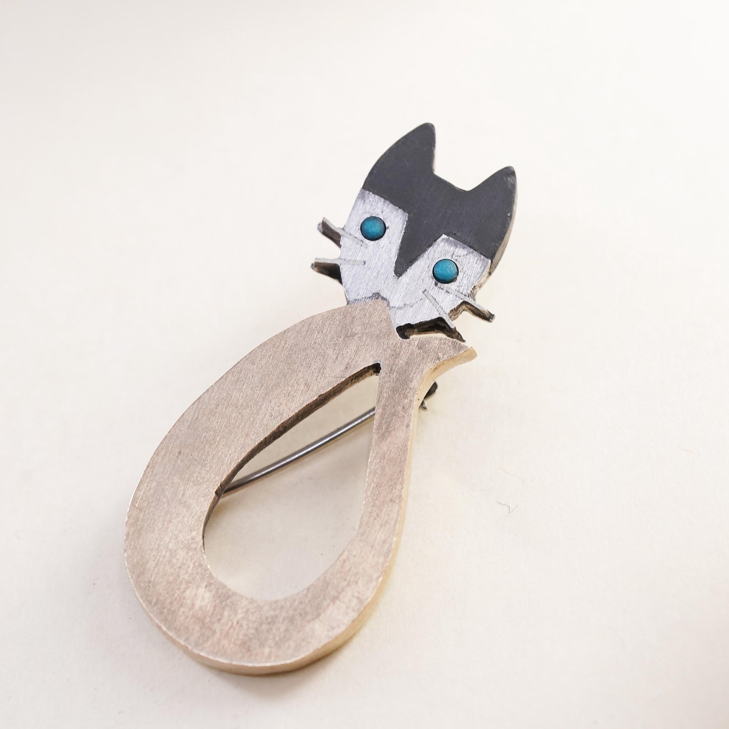 Mexican Hecho en two tone sterling silver pendant, 925 Aztec cat kitty brooch