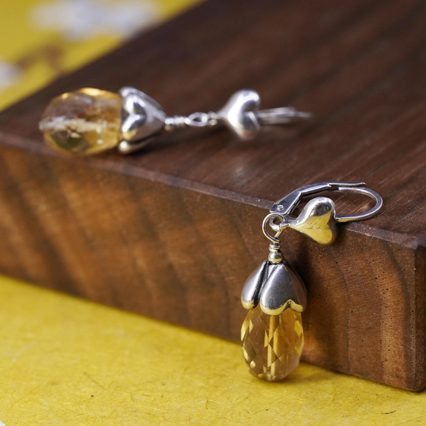 Vintage designer sterling 925 silver handmade heart earrings teardrop citrine