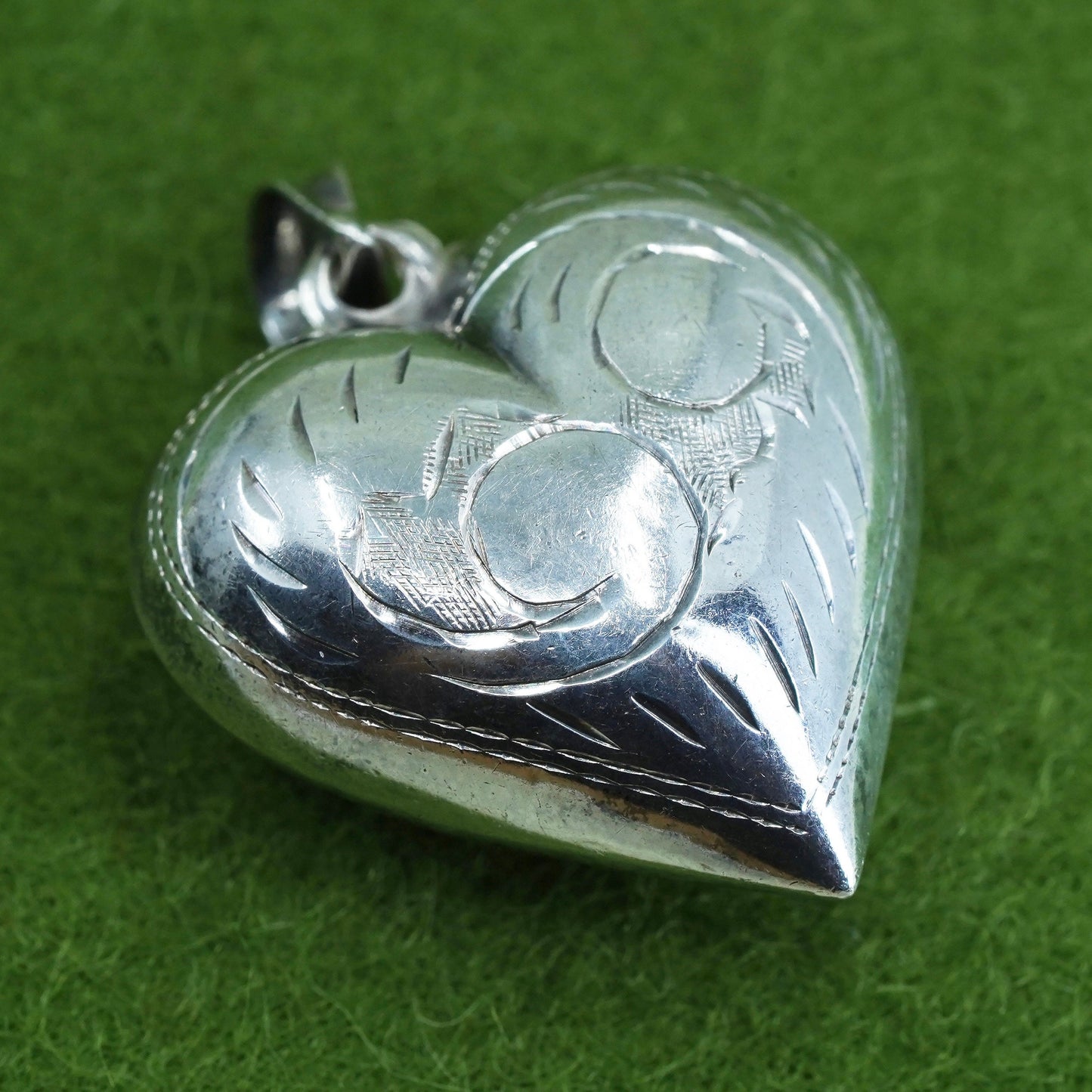 Vintage sterling silver handmade pendant, puffy heart shaped 925 silver pendant