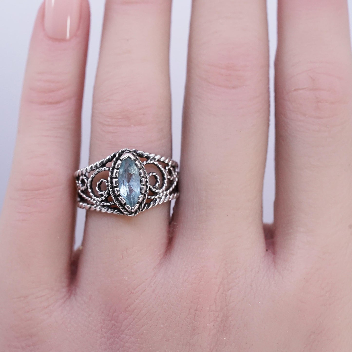 Size 8, vintage southwestern Sterling 925 silver handmade filigree ring topaz