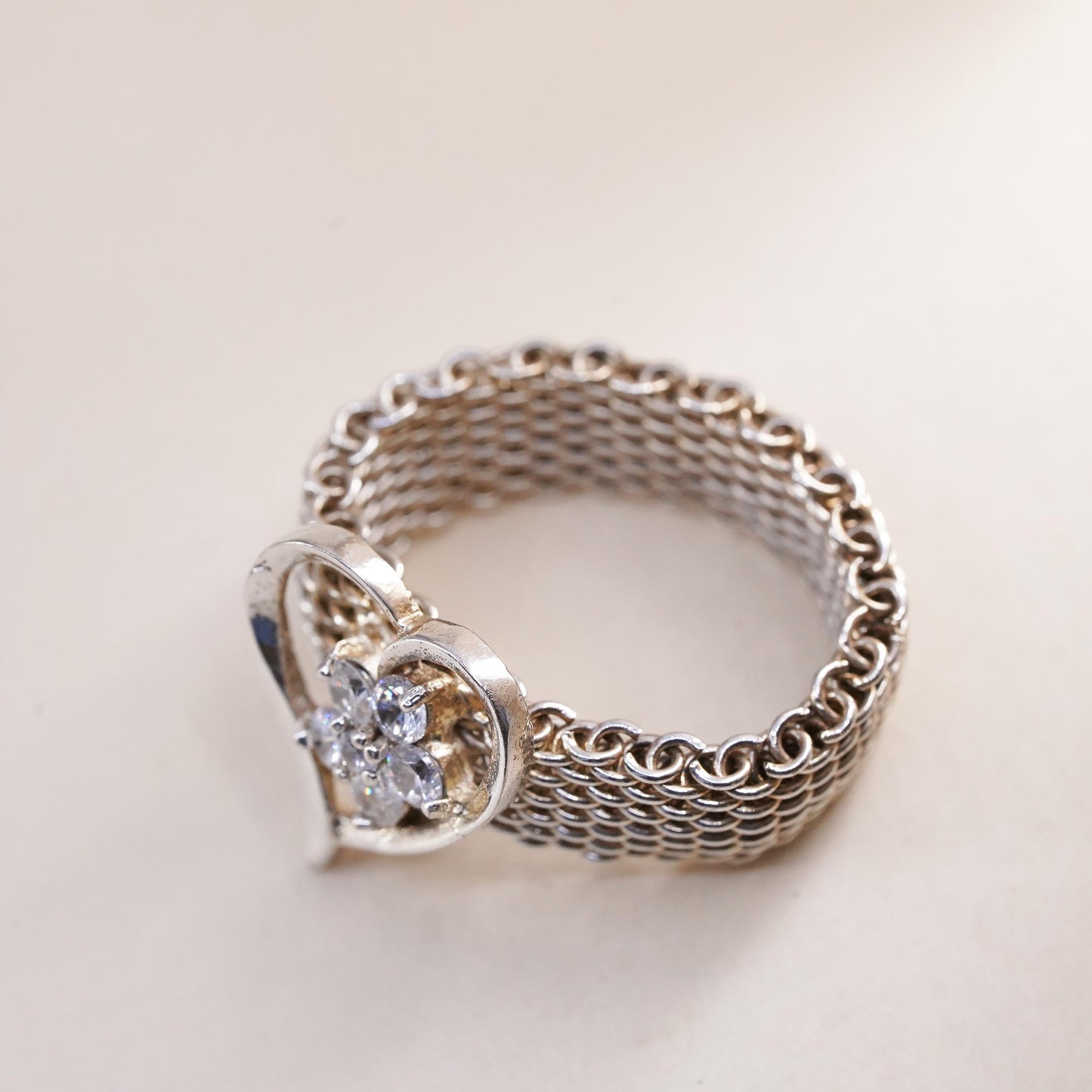 Size 8.25, Vintage sterling silver mesh chain ring, 925 band with heart and cz