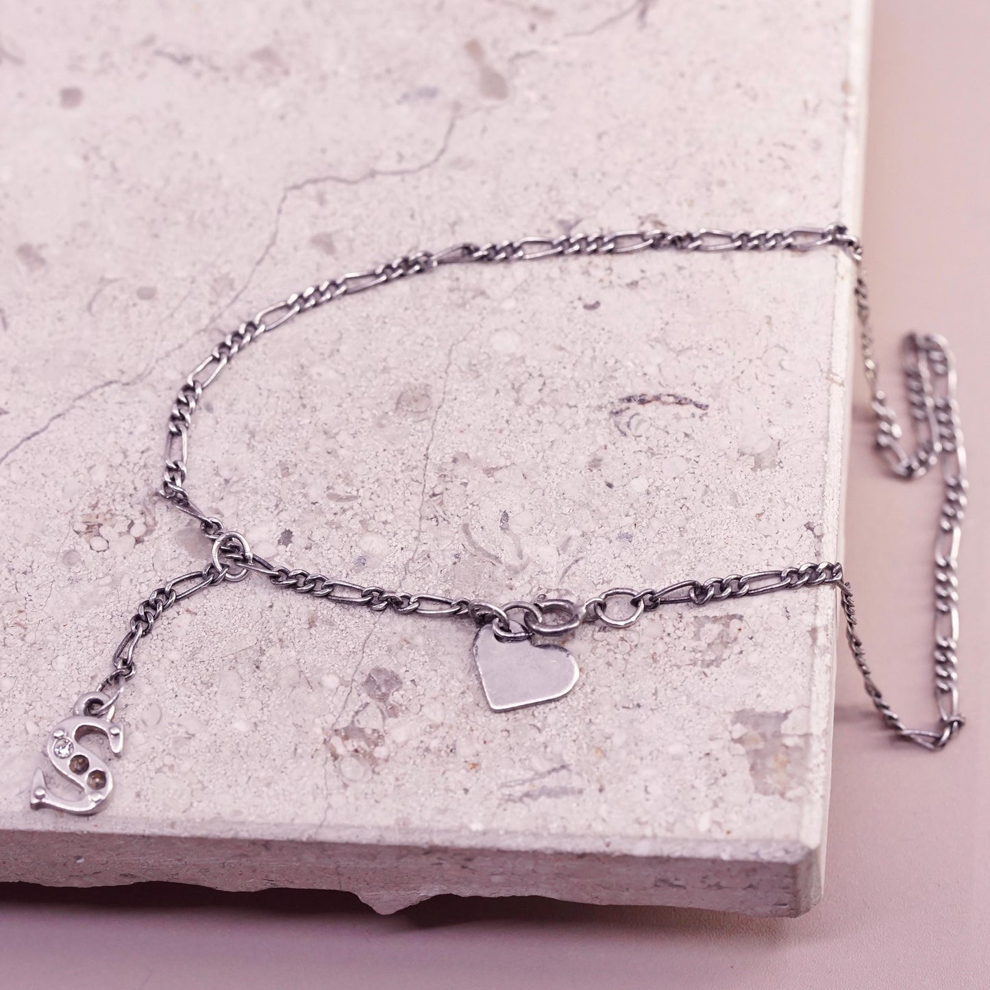 10.5", Italian Sterling 925 silver figaro chain anklet letter S heart charms