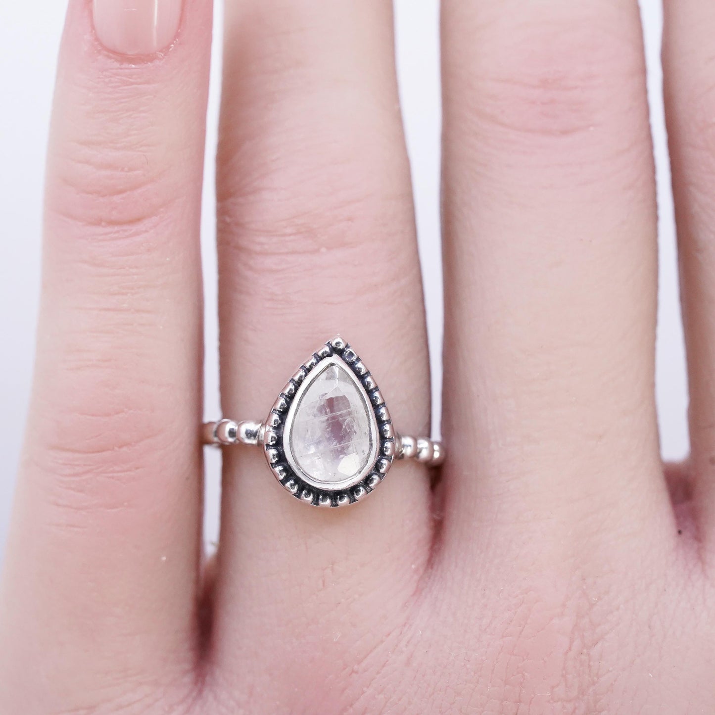 Size 7.25, YS Sterling 925 silver handmade beaded ring with teardrop moonstone