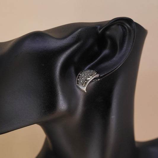 Vintage Sterling 925 silver handmade oval stud with Marcasite, single earring