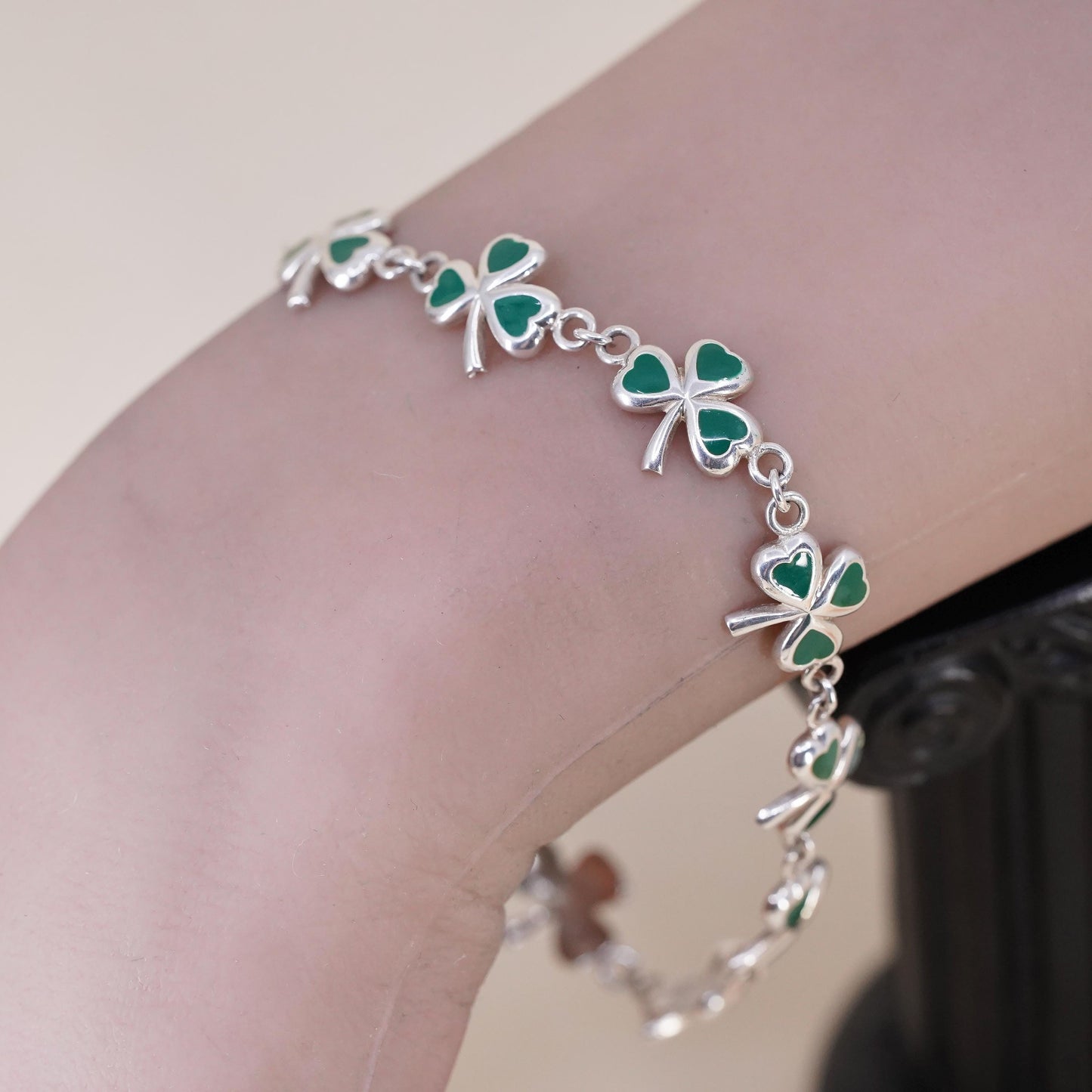 8", Sterling Silver Green Enamel Shamrock Bracelet, Irish Lucky Clover, Jewelry