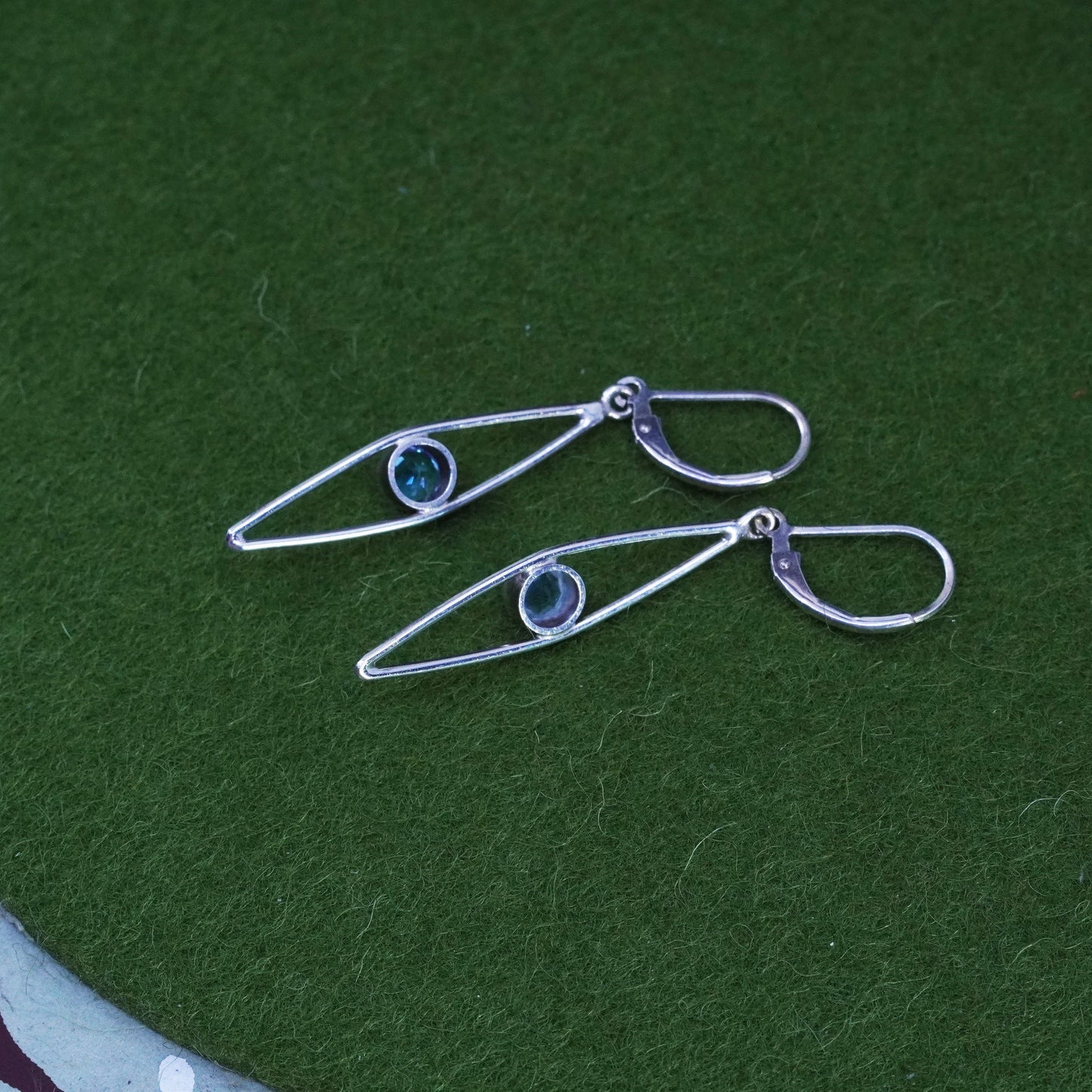 sterling silver handmade earrings, 925 marquise shaped drops with blue crystal
