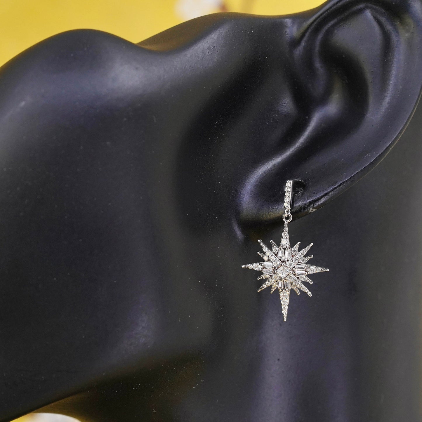 Vintage Sterling silver handmade earrings, 925 snowflake drops with cluster cz