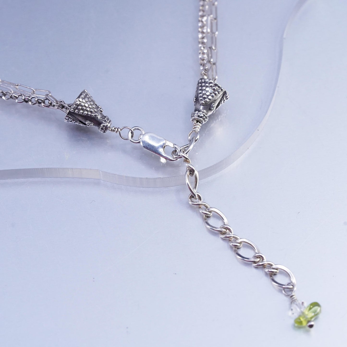 16+2" Sterling 925 silver multi strands elongated oval necklace peridot pendant