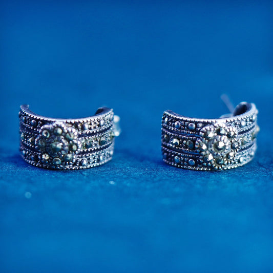 Vintage Sterling 925 silver handmade huggie hoop earrings with marcasite