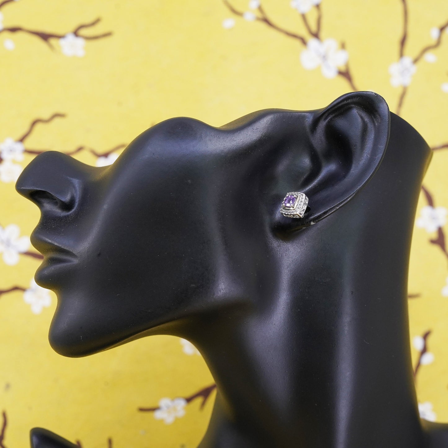 Sterling 925 silver square amethyst studs, earrings with 10K yellow gold trims