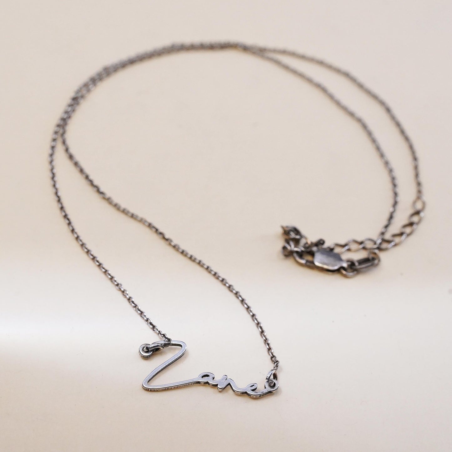 14+2", VTG sterling silver handmade necklace, circle chain name Zane pendant