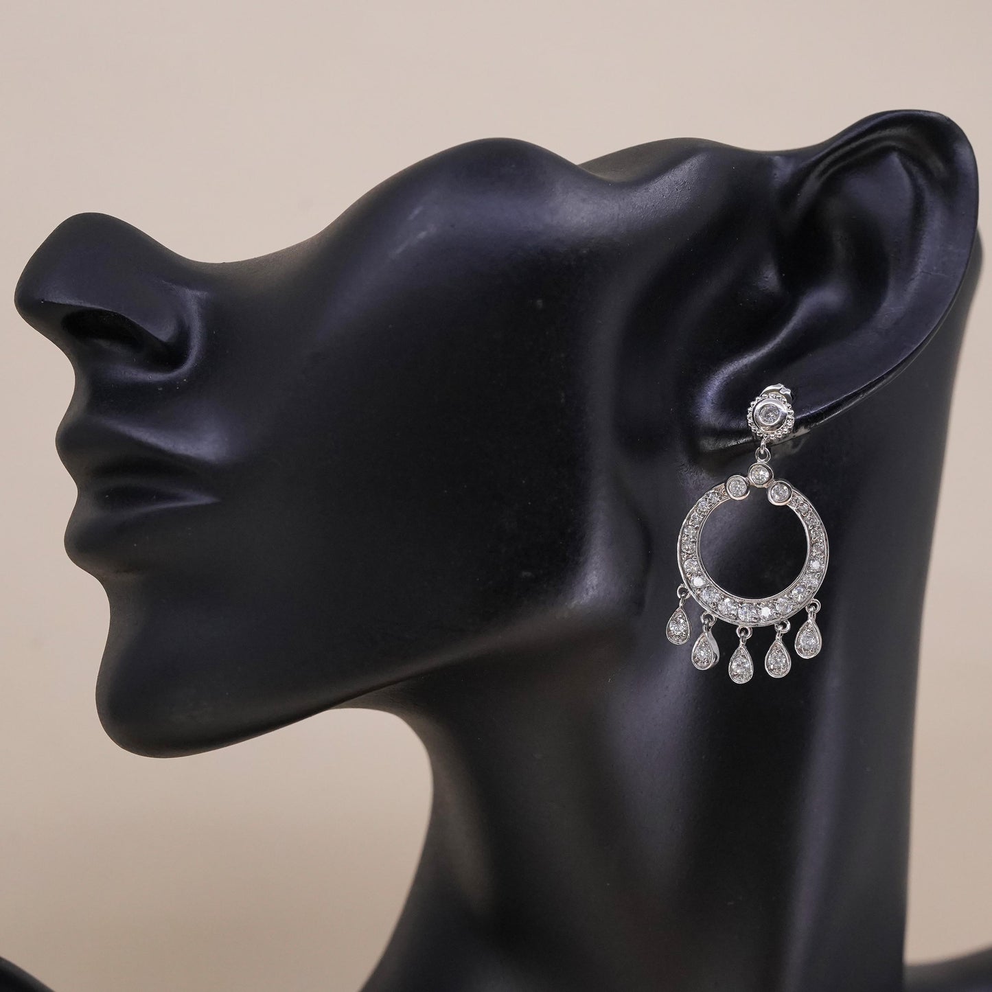 Vintage sterling silver single earring, 925 silver circle dangle with clear Cz
