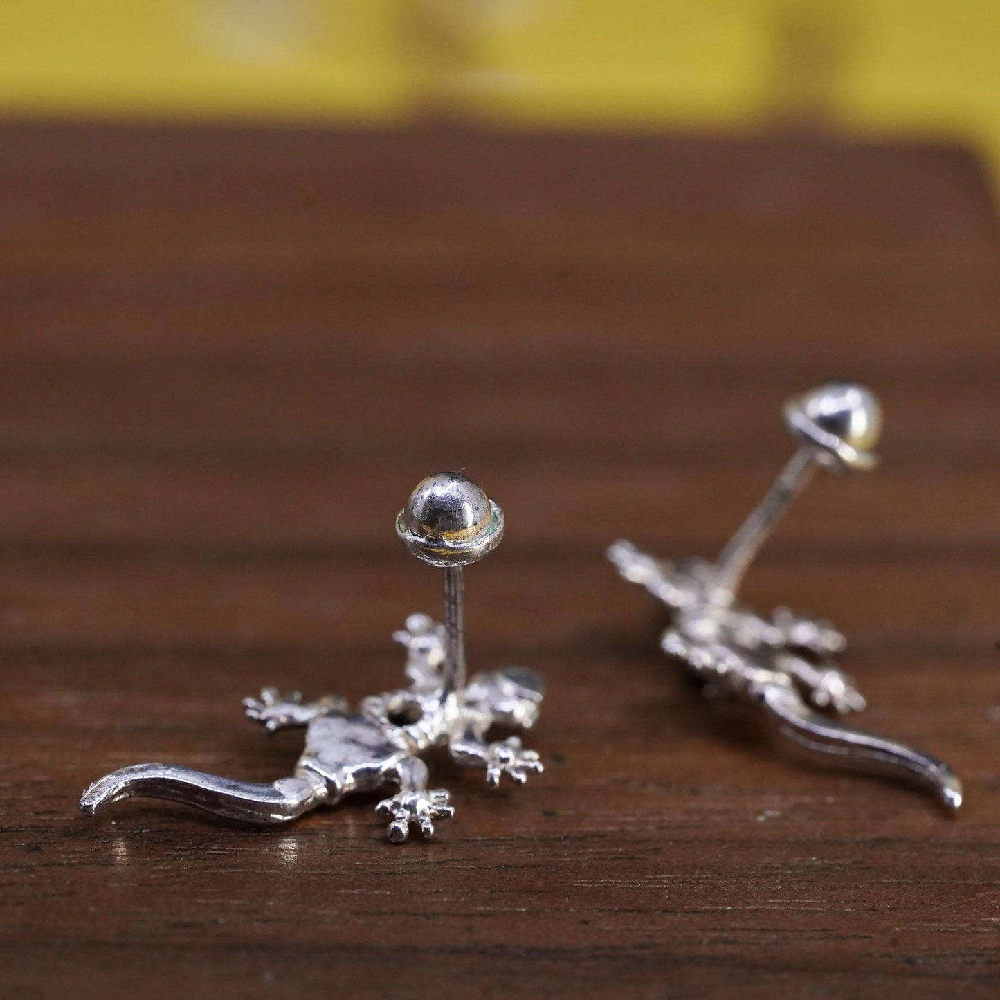Vintage Sterling 925 silver lizard studs, earrings w/ black crystal screw back