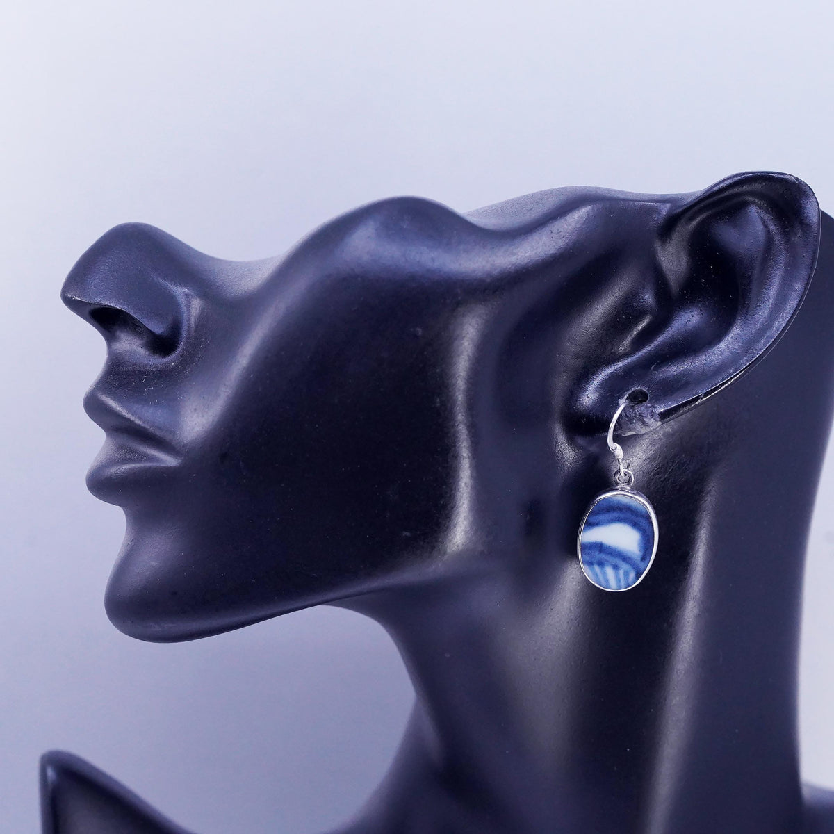 VTG Blue White Porcelain Shard Earrings, Sterling Silver 925, Ceramic Dangles