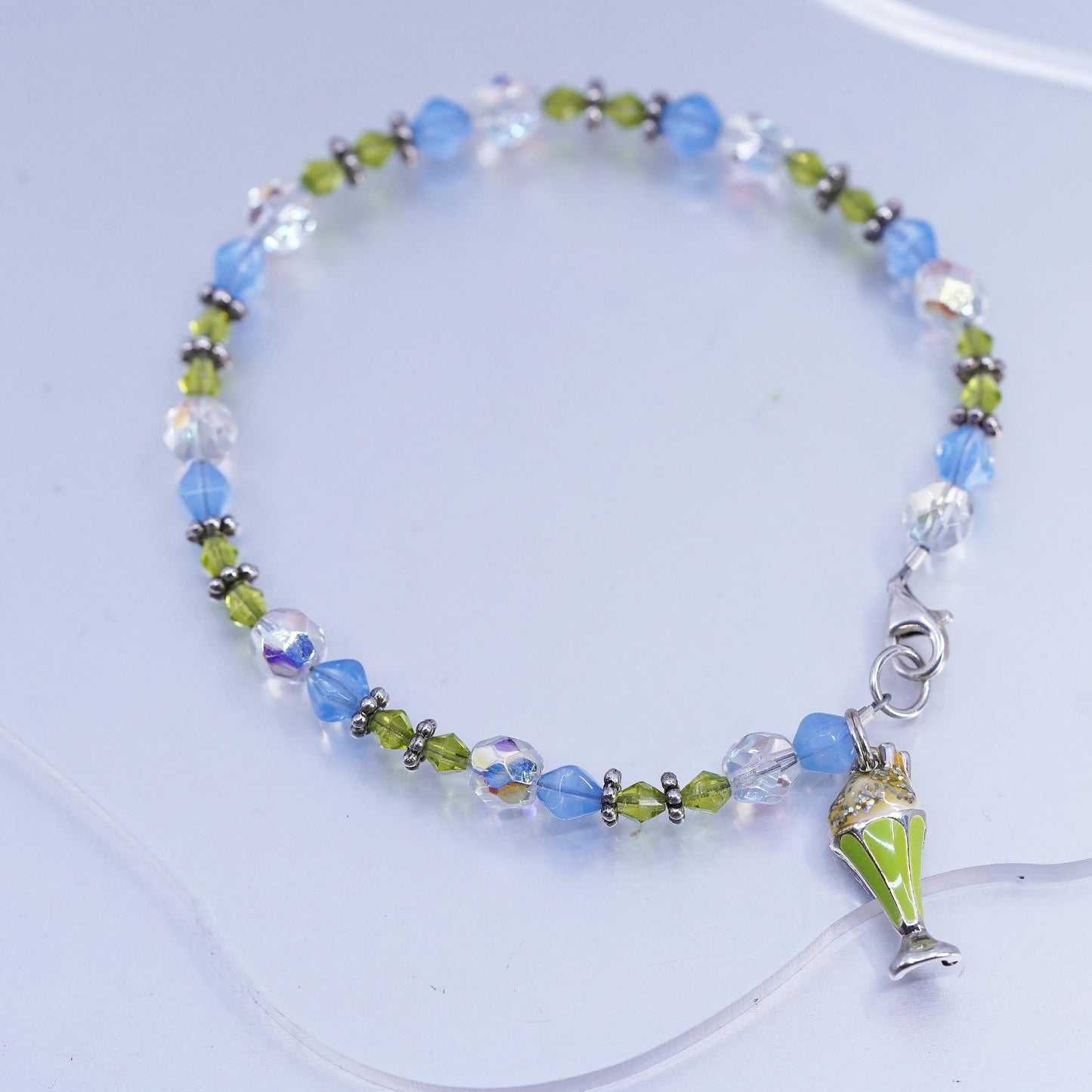8.75", Sterling 925 Silver Bead Bracelet, green crystal chain ice cream charm