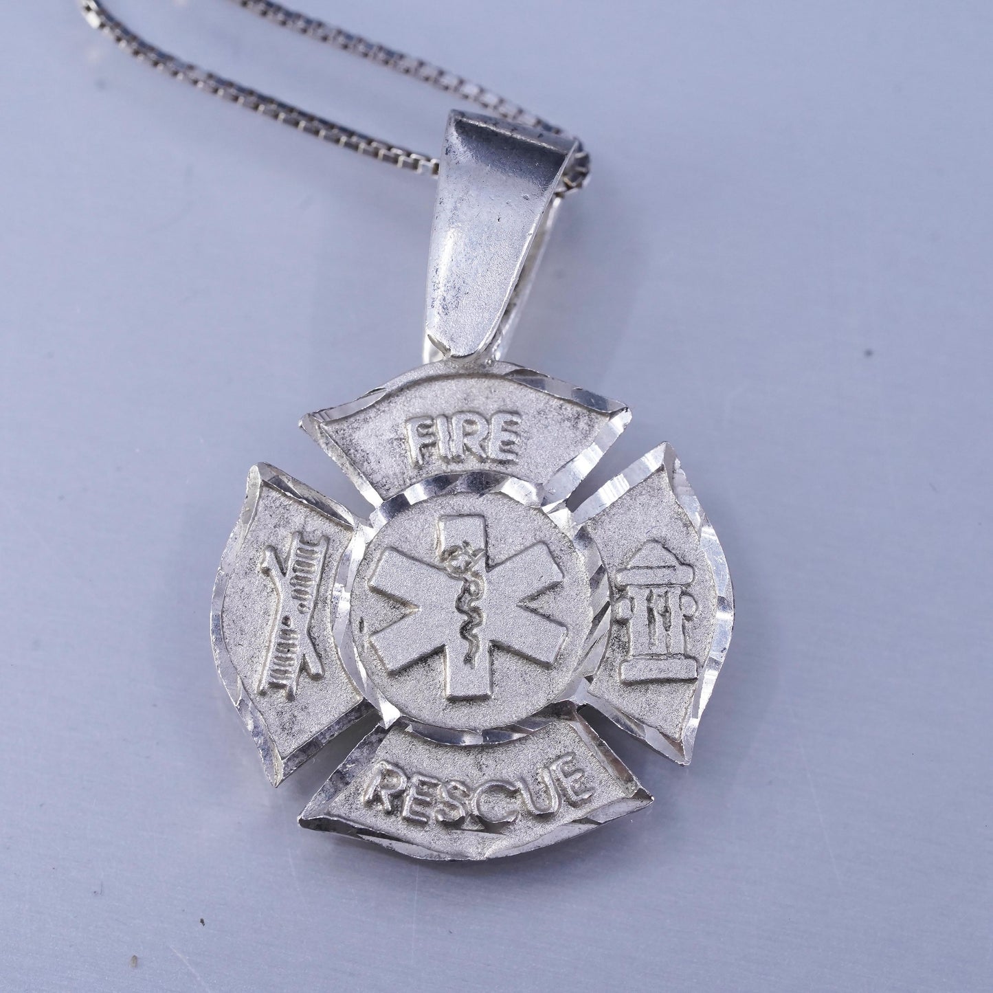 16”, Sterling 925 silver box necklace cross pendant fire rescue The Caduceus