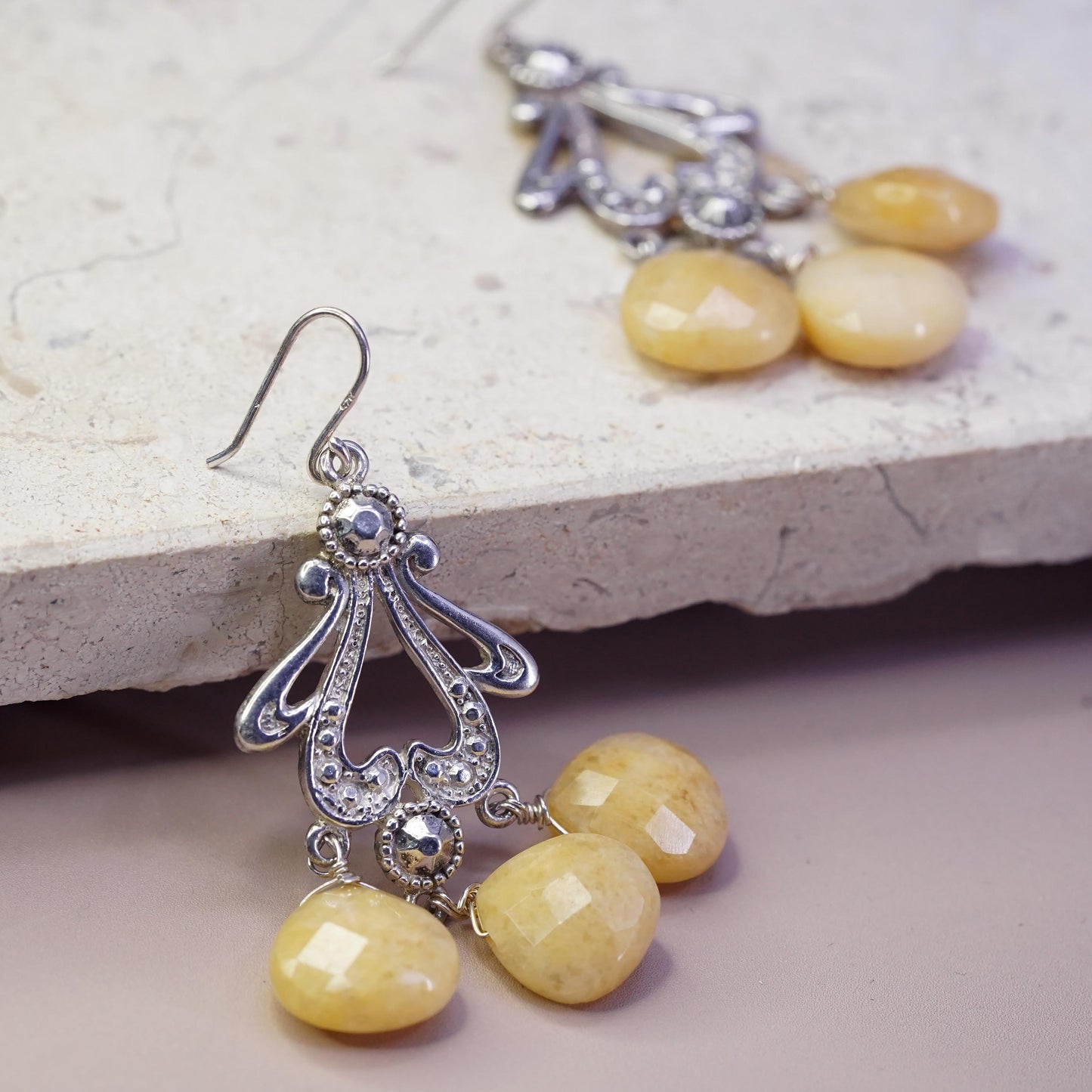 Vintage Sterling 925 silver handmade filigree earrings with teardrop citrine