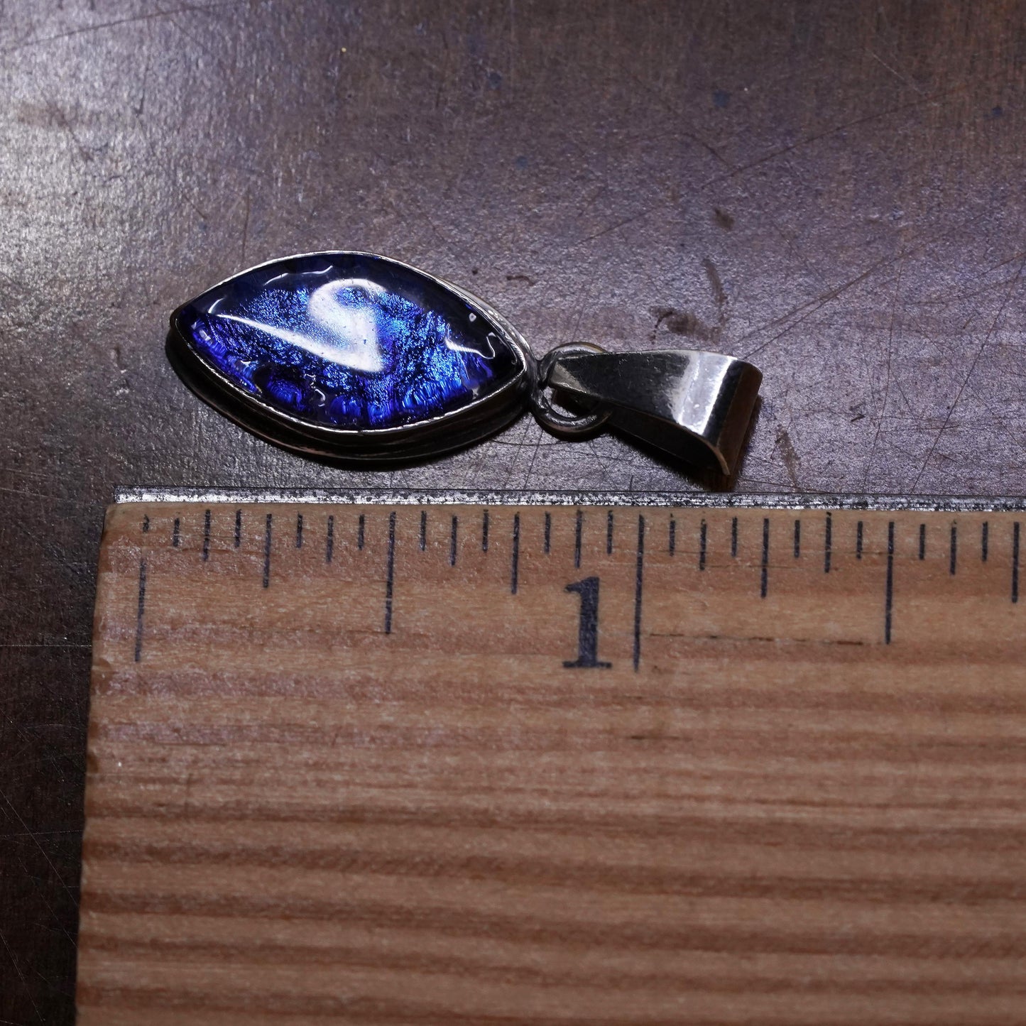 Vintage Sterling 925 silver handmade pendant with blue foil glass, unique