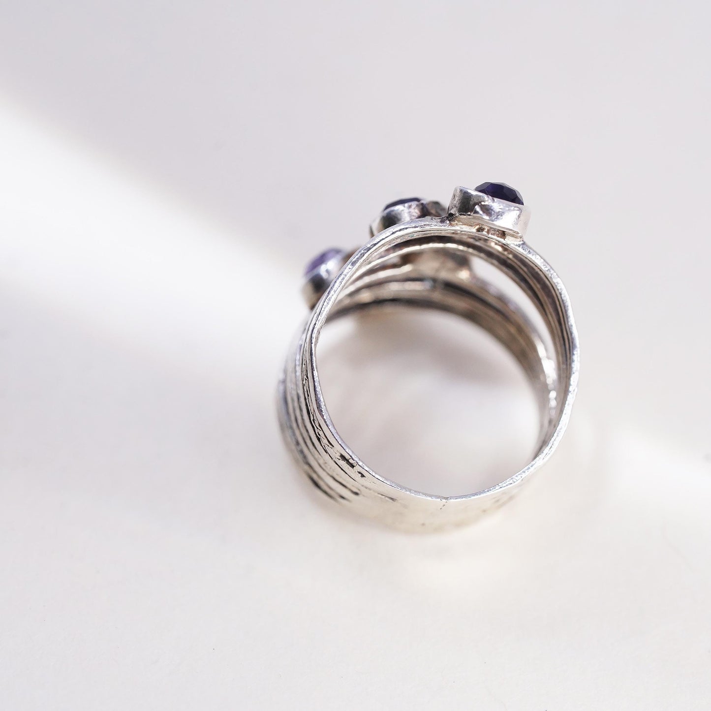 Size 6, VTG Signed Sterling 925 silver cocktail ring amethyst, wide multi band