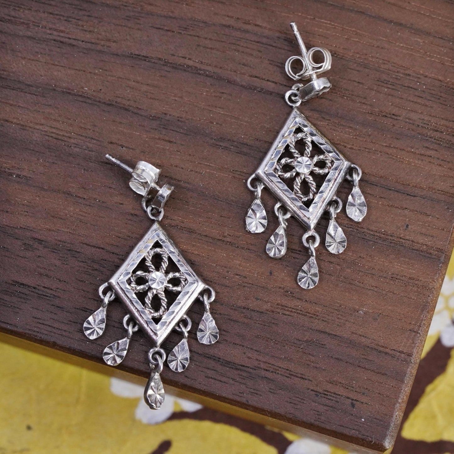 Vintage Sterling 925 silver handmade filigree earrings with dangles