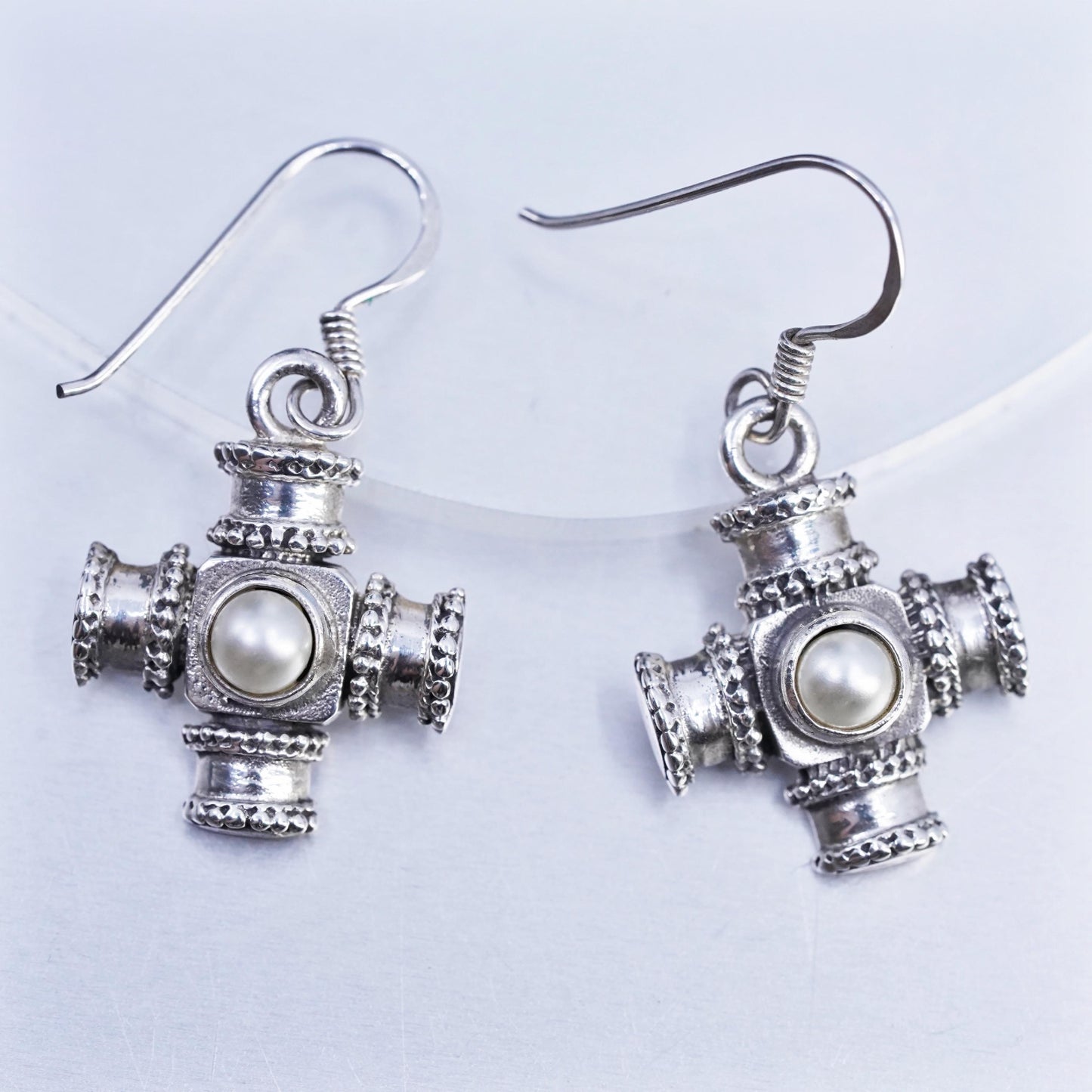 VTG Sterling 925 Silver Cross Earrings with Pearl, Dangle Earrings, Gothic Boho