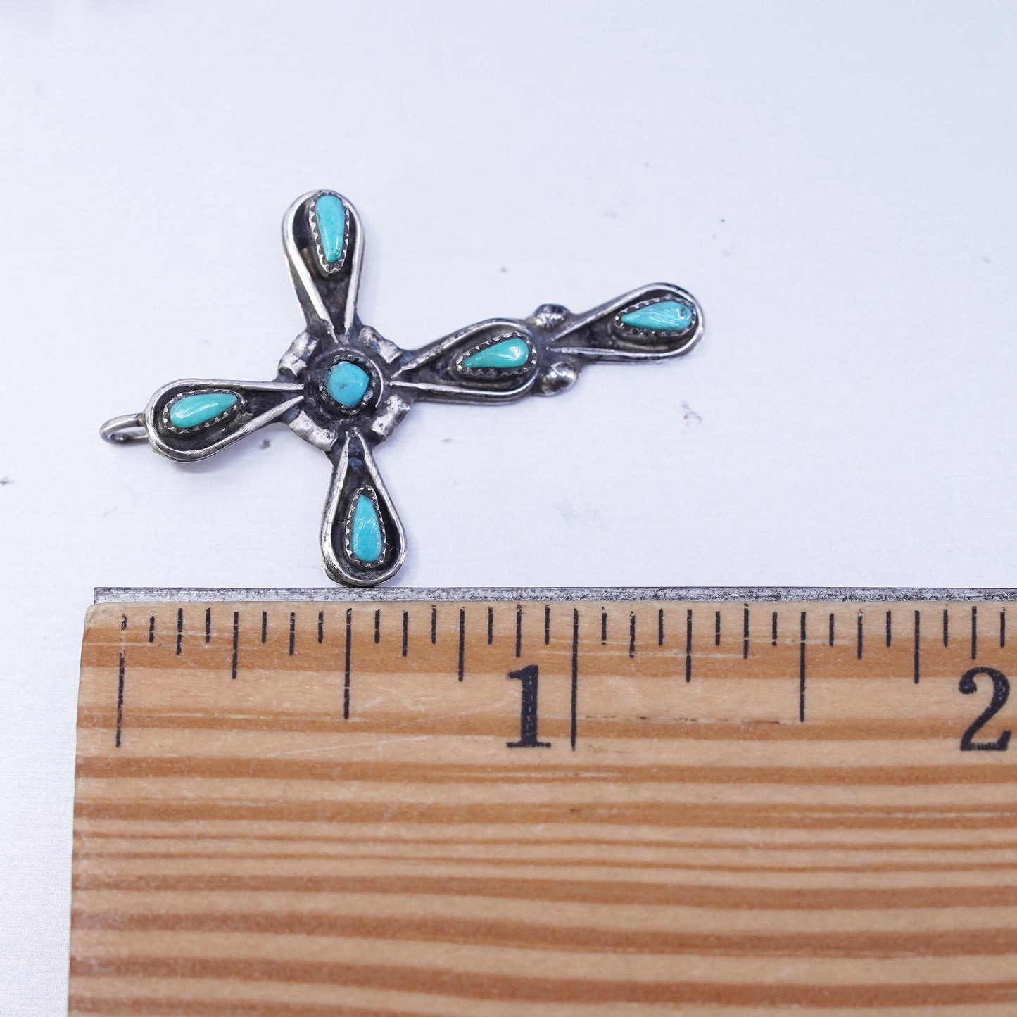 Native American Zuni sterling 925 silver cross pendant with turquoise