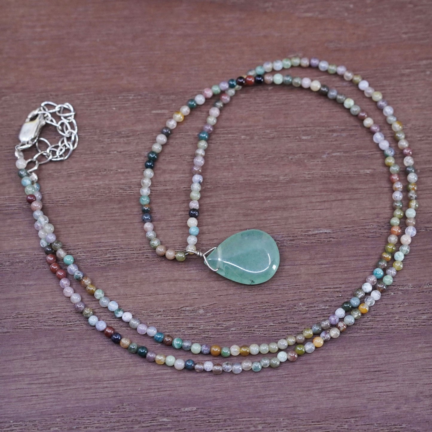 18+2”, Sterling silver 925 handmade necklace, beads chain teardrop jade pendant