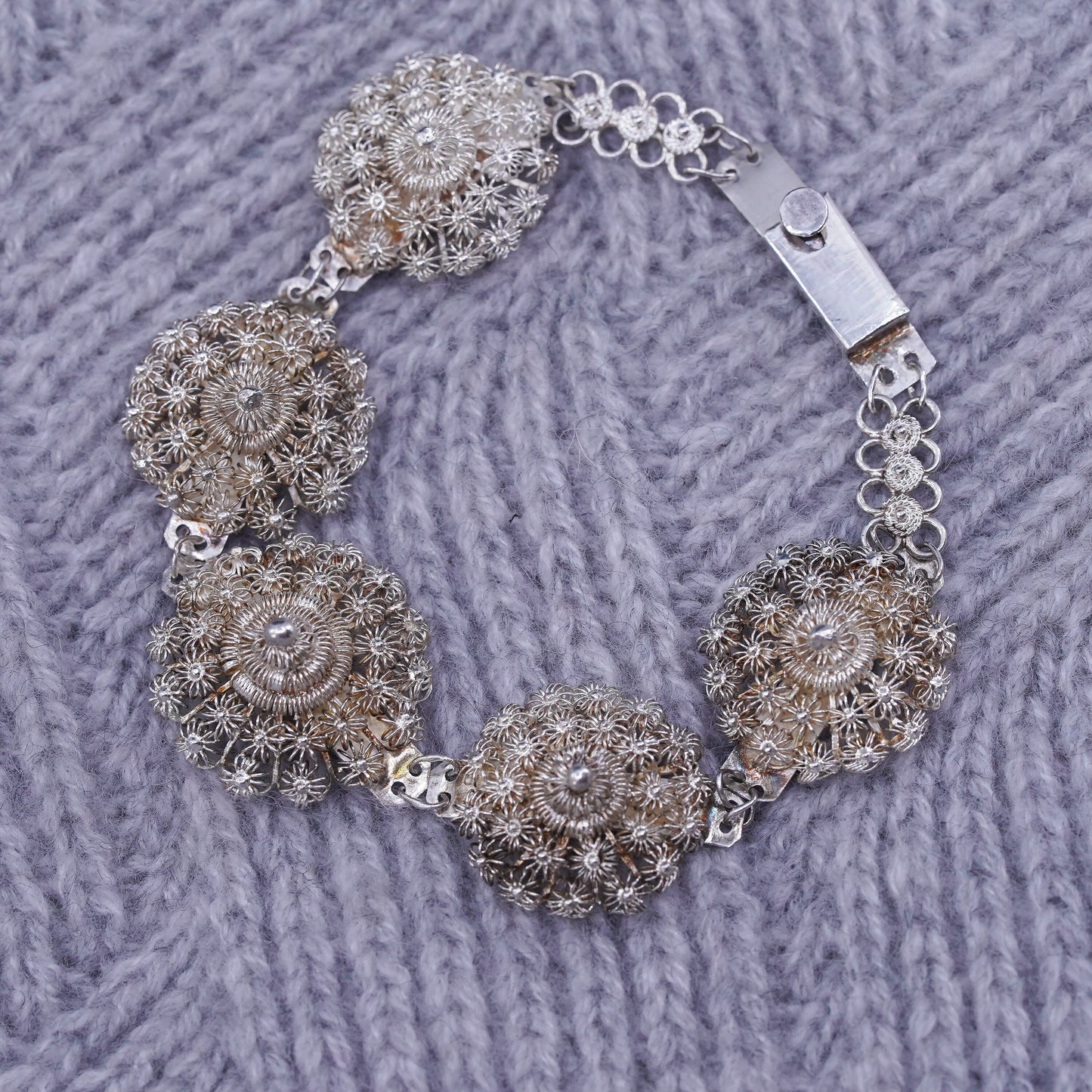 7", vintage sterling silver handmade bracelet, 800 filigree flower bracelet