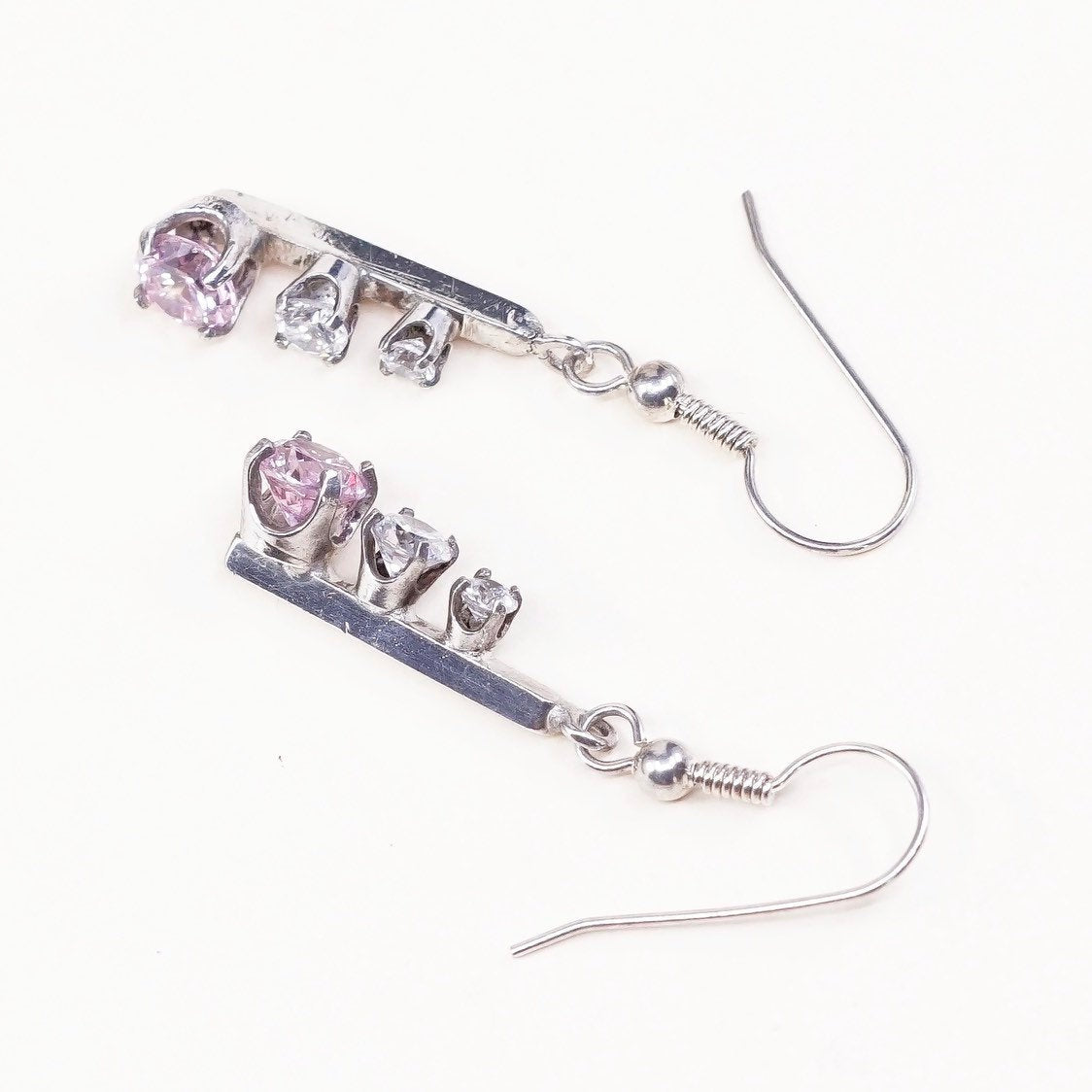 VTG Sterling silver handmade earrings, 925 w/ pink crystal, silver Tested