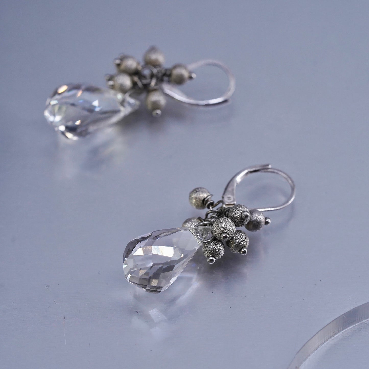 Vintage designer Sterling 925 silver handmade oval earrings w/ teardrop crystal