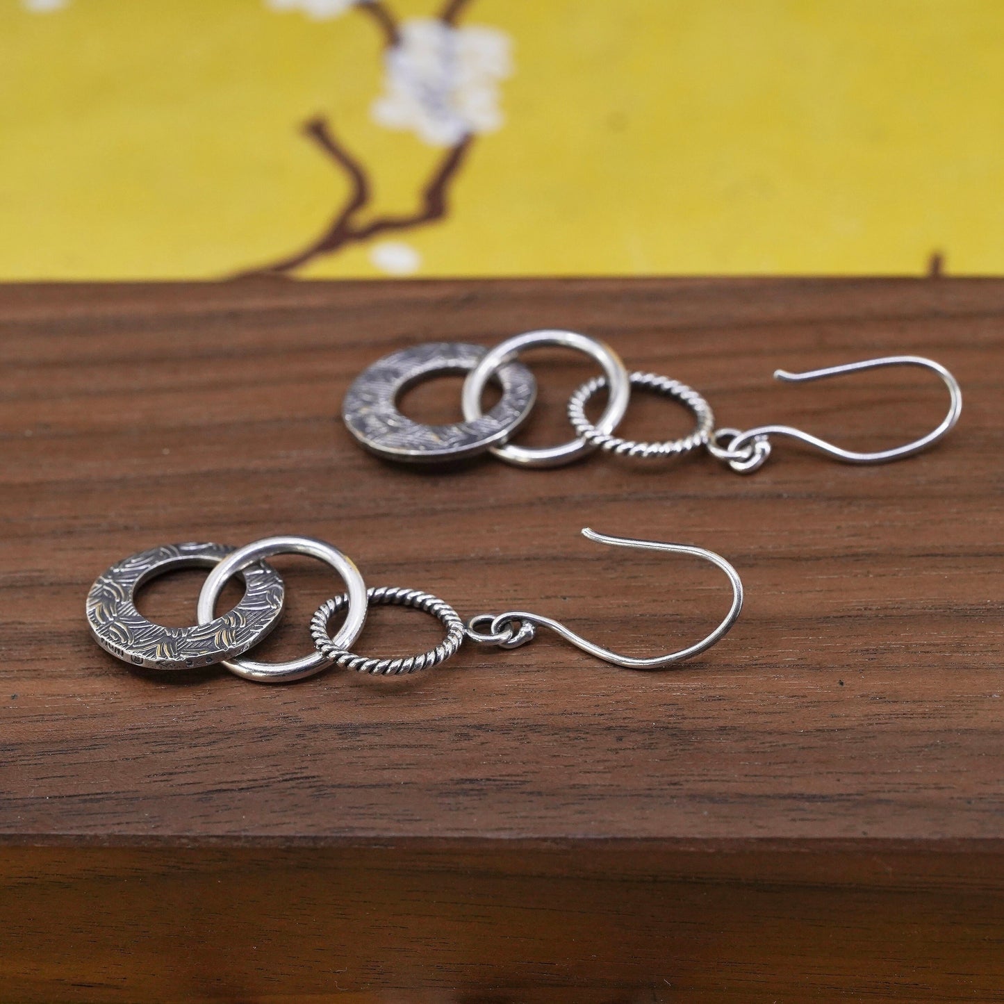 2”, Sterling silver handmade earrings, 925 entwined textured circles dangle