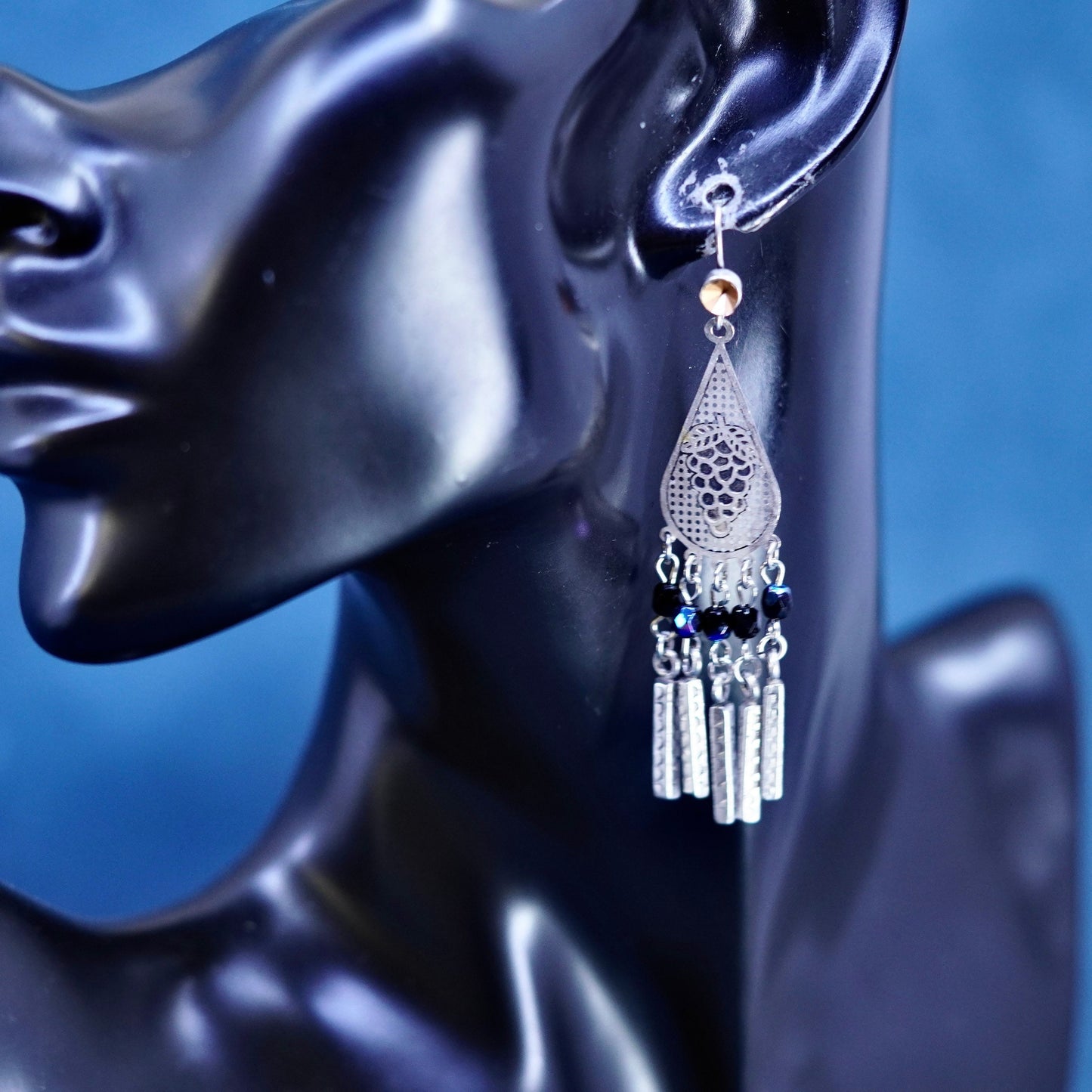 sterling silver handmade earrings, 925 teardrop engraved grapes fringe dangles