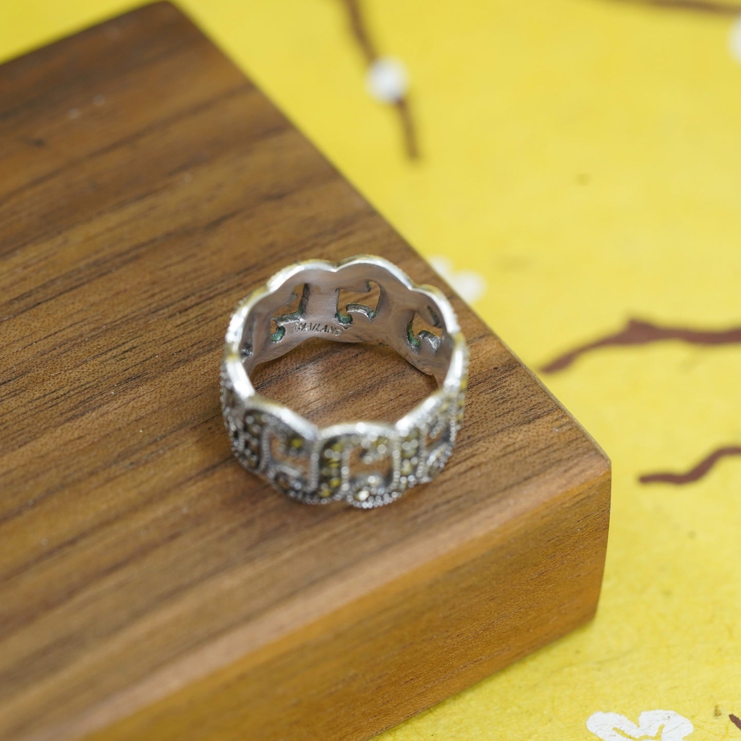 Size 6.75, Sterling silver handmade ring, southwestern, 925 S band marcasite