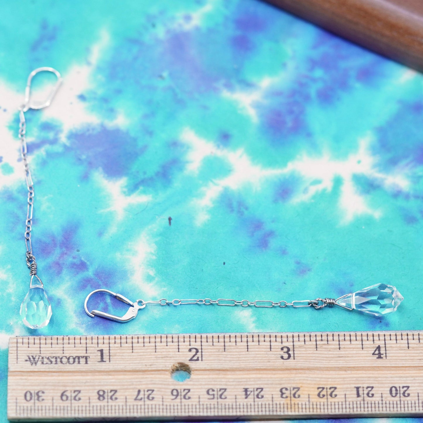 Vintage sterling silver handmade earrings, 925 chain drop with teardrop crystal