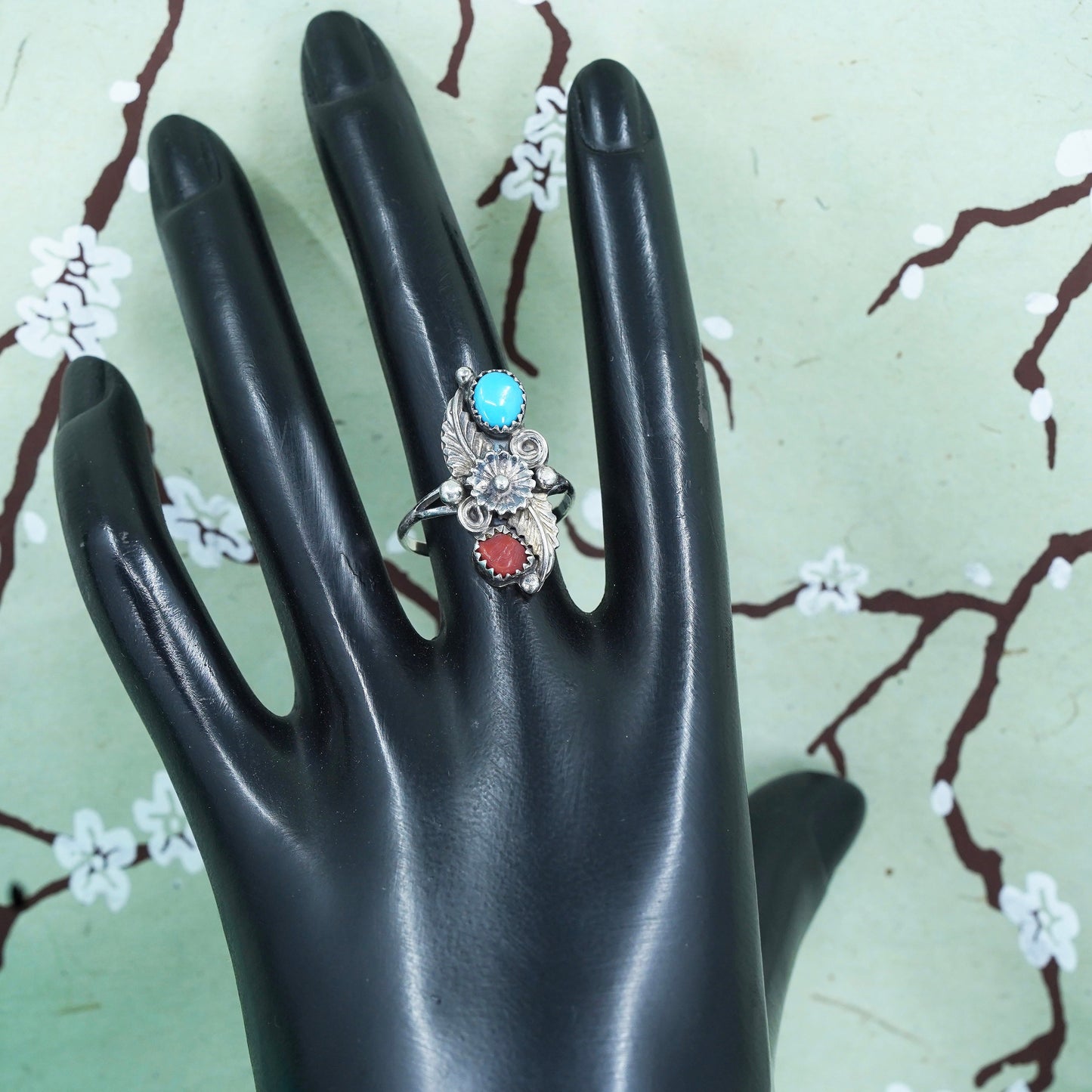 sz 7, John Delvin sterling silver ring Native American 925 ring turquoise coral