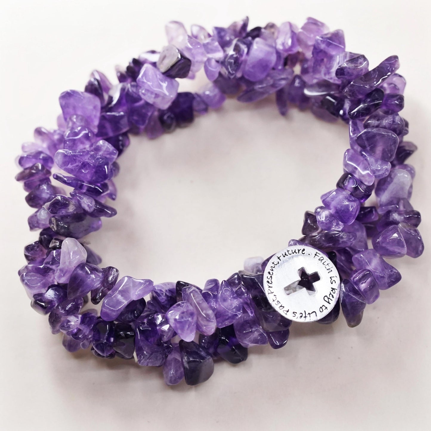 6.5", amethyst beads bracelet stretchy band sterling 925 silver cross charm