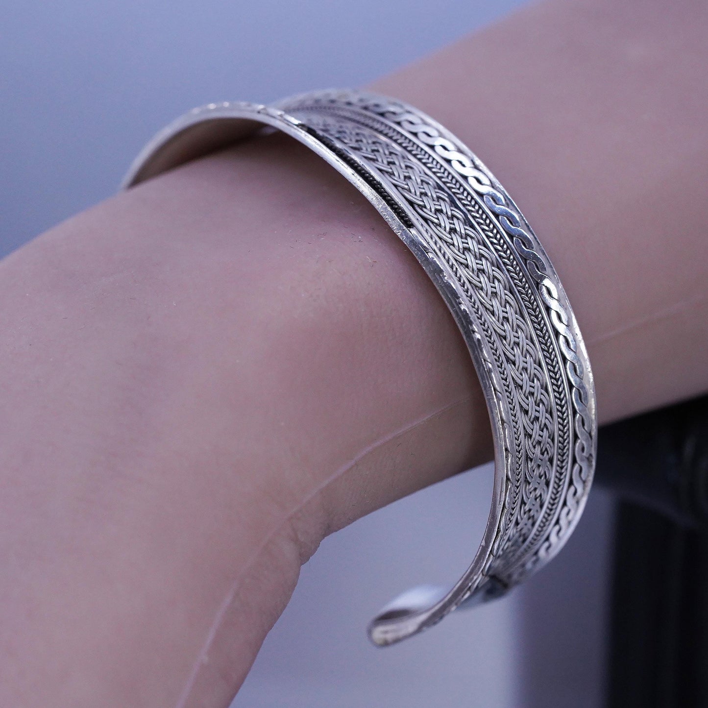 7", Vintage Thai 925 Sterling Silver Cuff Bracelet, Woven Braid Wide Bangle