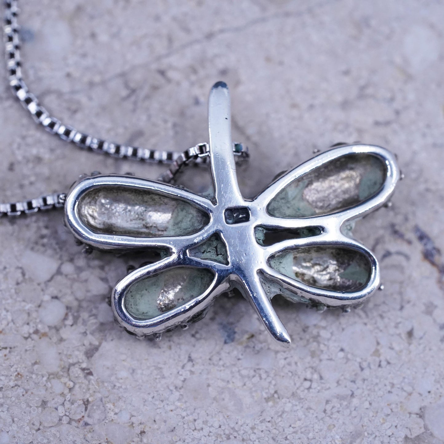 20", VTG Sterling silver necklace, 925 box chain marcasite butterfly pendant