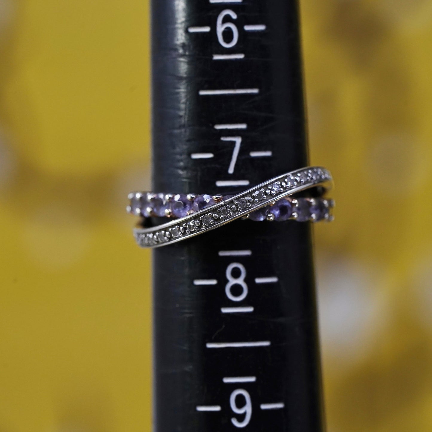 Size 7.25, vintage Sterling 925 silver band ring with amethyst and diamonds