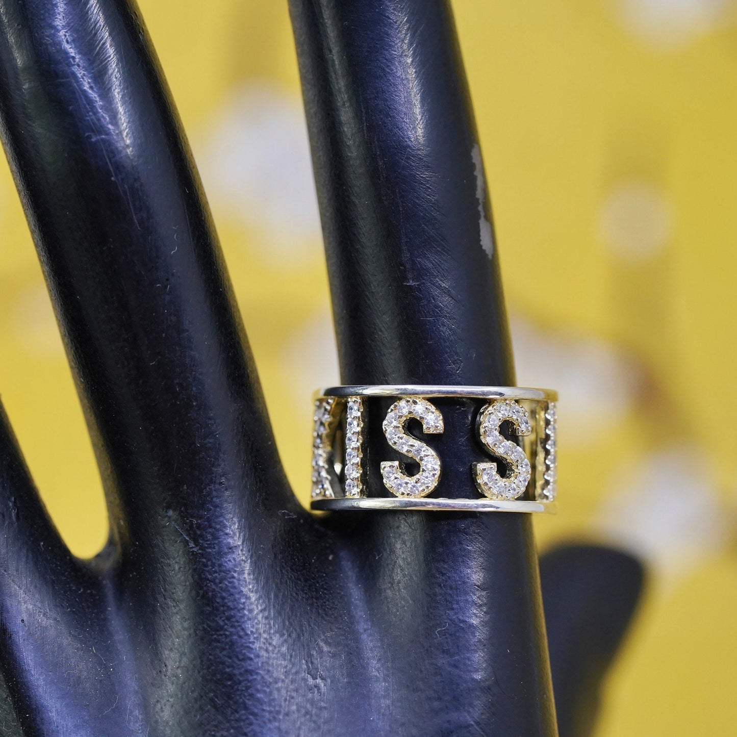 vintage vermeil gold over Sterling silver “Kiss Me” ring, 925 band cluster cz