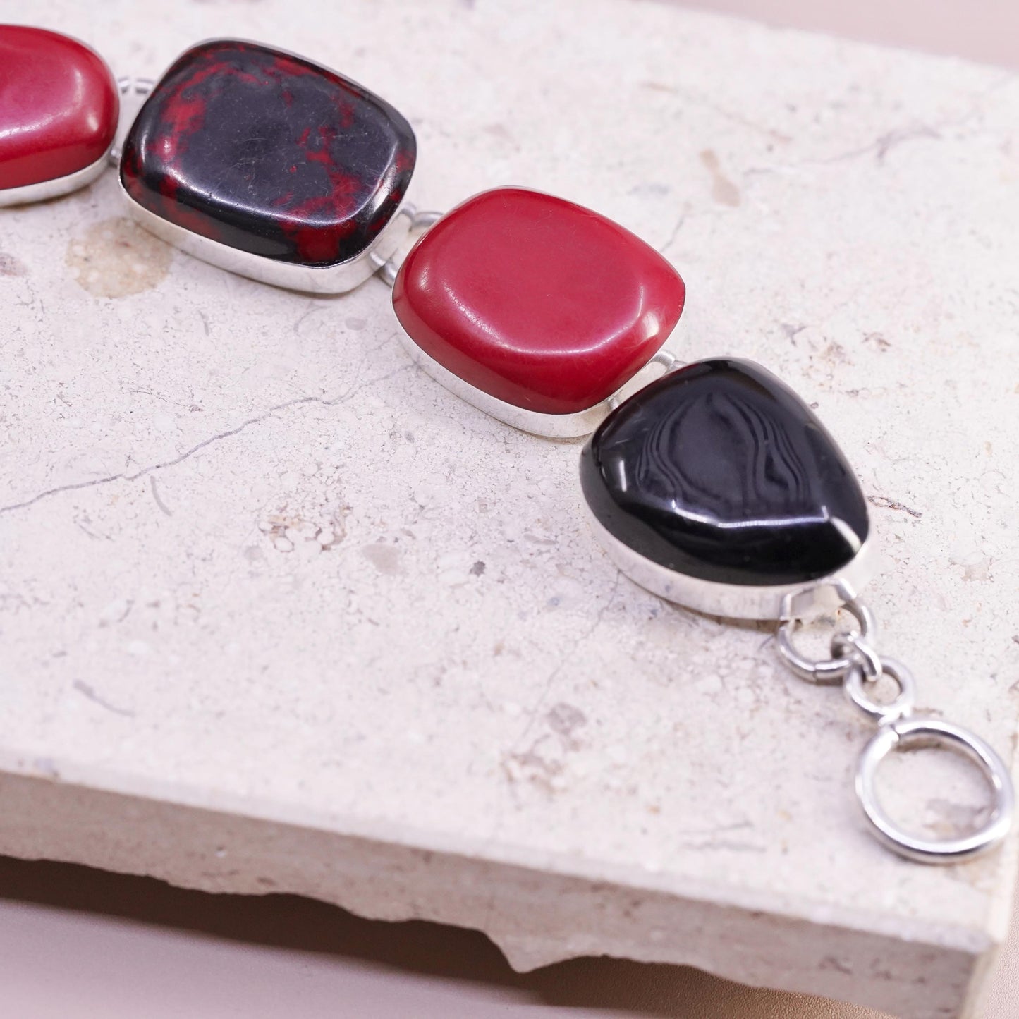 7", Mexican sterling 925 silver bracelet red onyx, bloodstone toggle closure